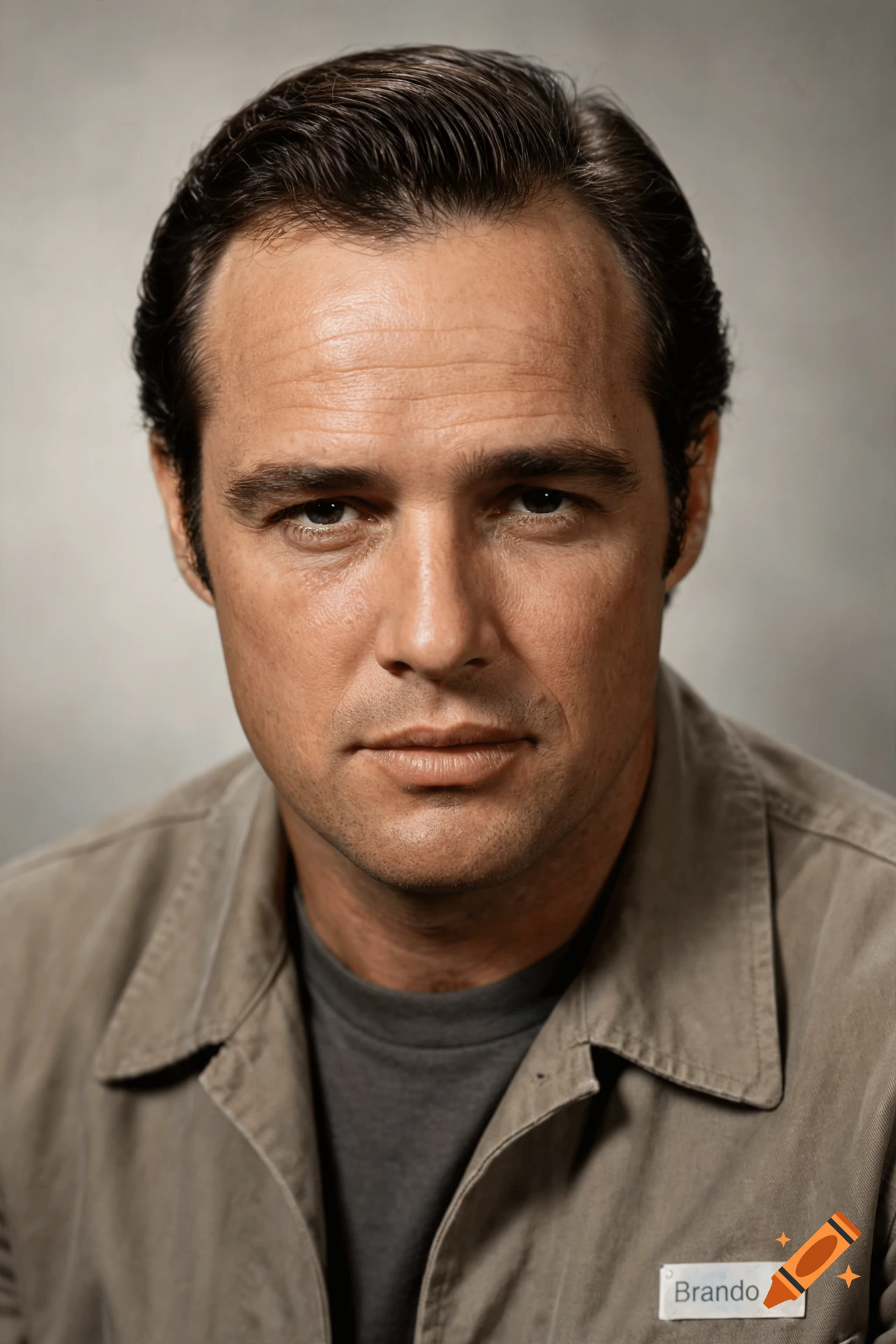 Photorealistic close-up portrait of a man with dark hair, wearing a gray shirt and jacket with a nametag reading 'Brando -1'.