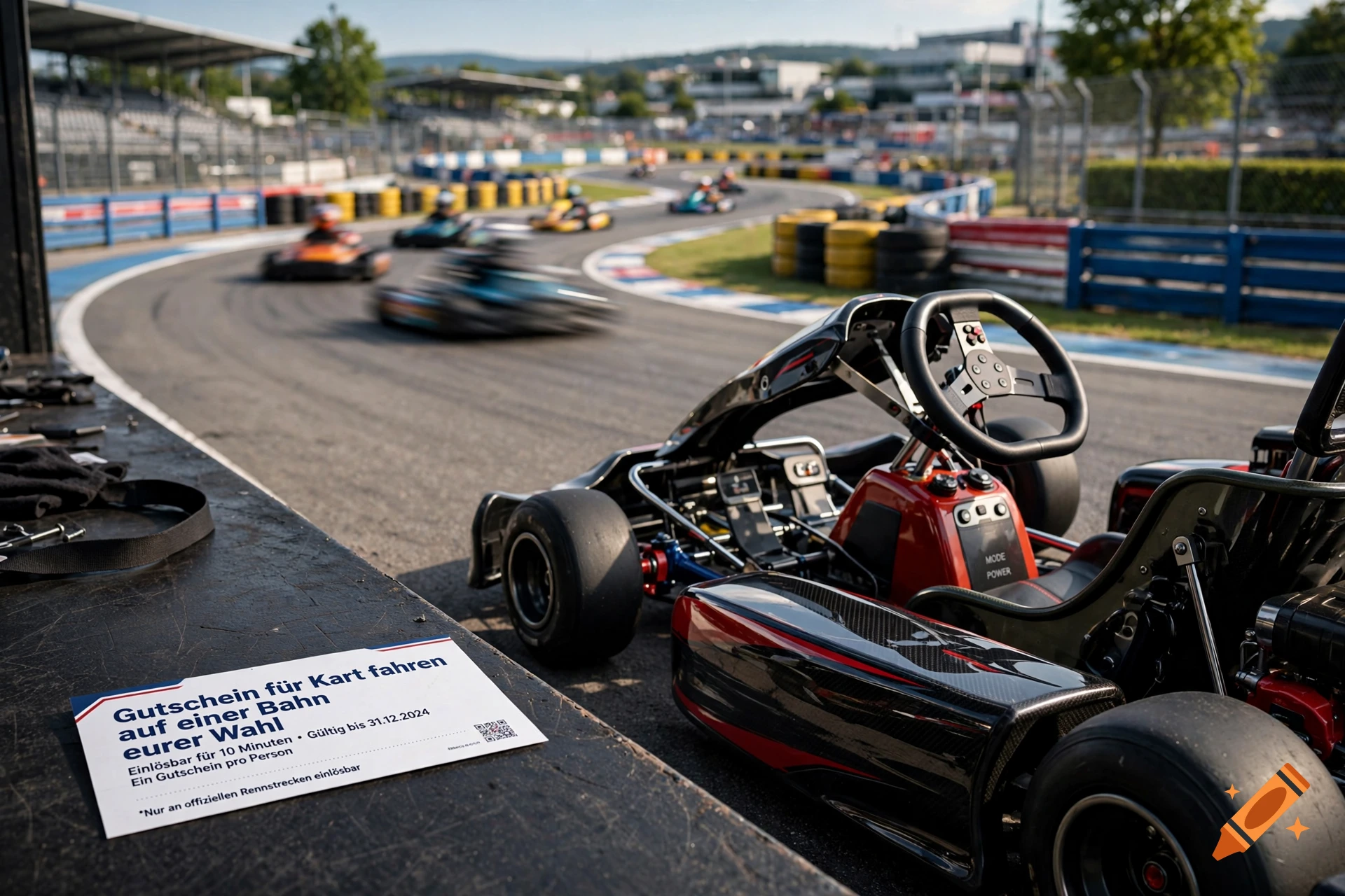 Photorealistic image of a go-kart parked by a track with a voucher in the foreground and karts racing in the background.
