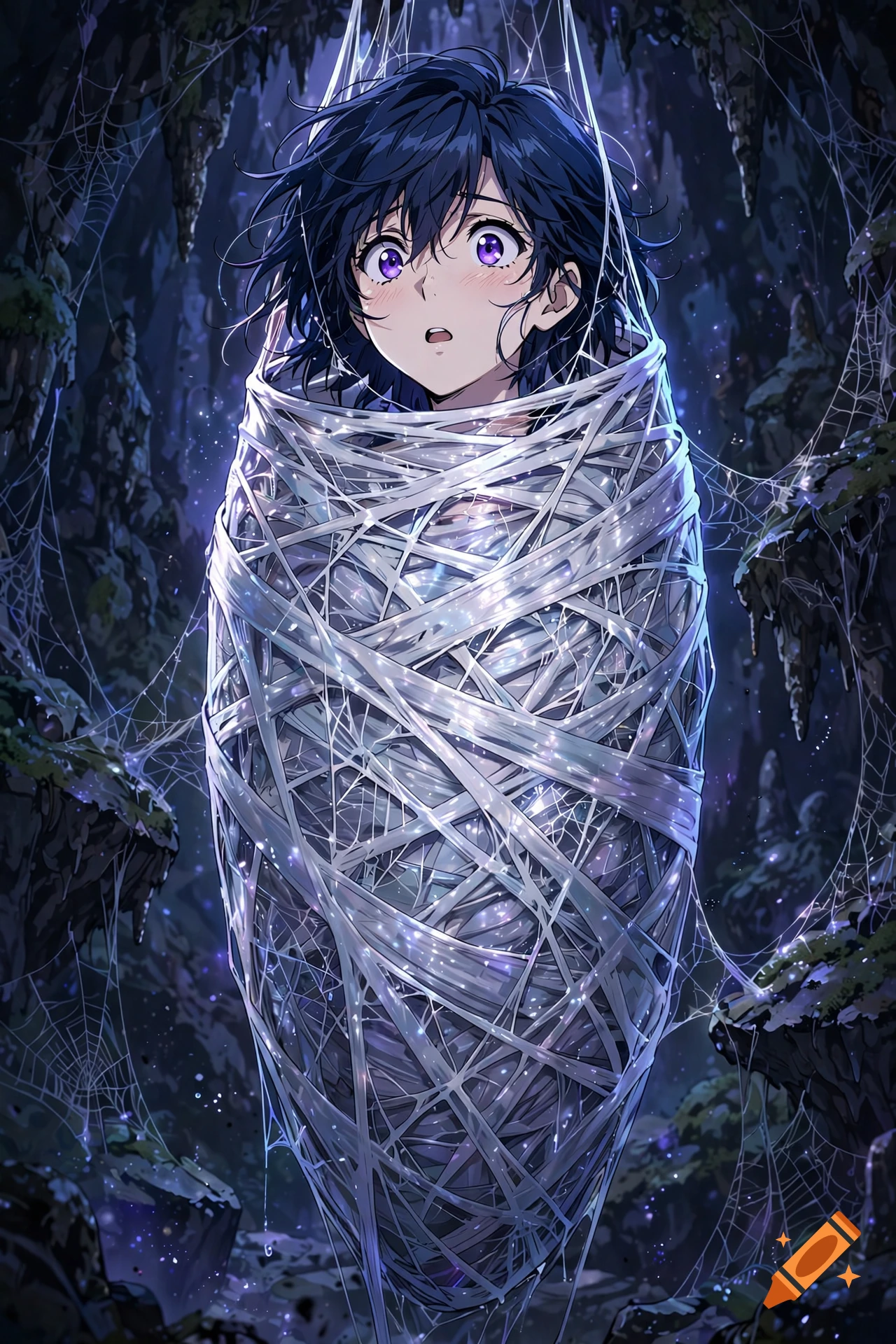 Anime style illustration of a person with blue hair trapped inside a glowing spider web cocoon in a dark cavern.
