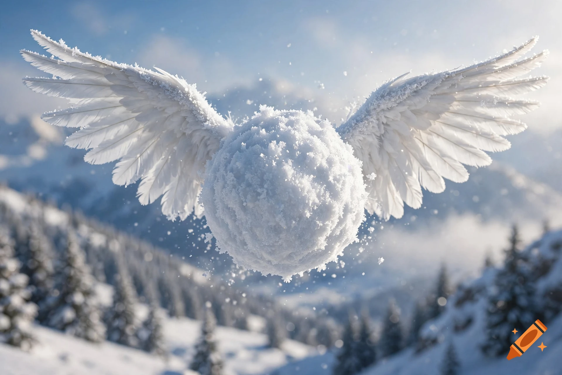 A photorealistic snowball with feathered angel wings flying against a snowy mountain backdrop.