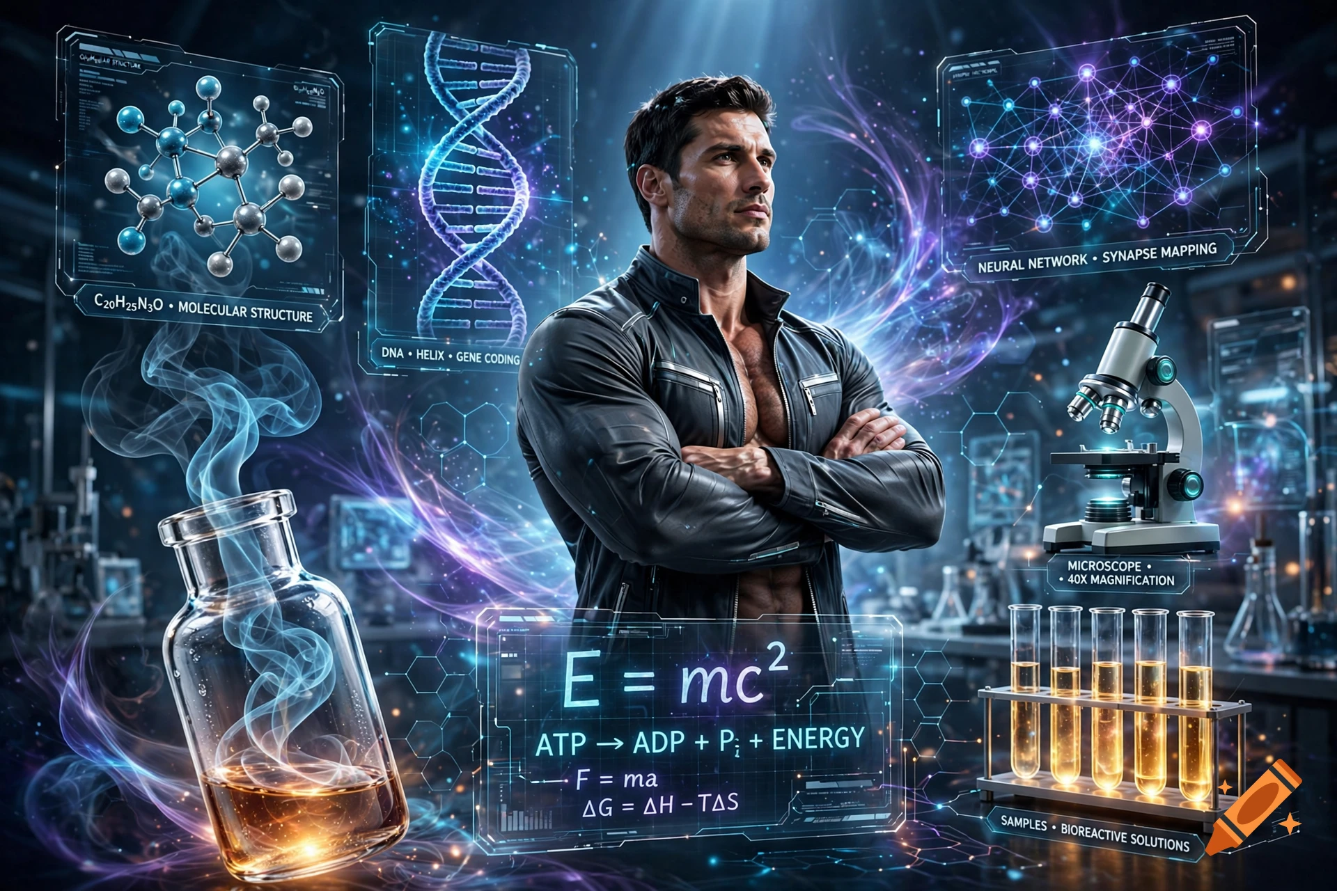 A muscular man in a leather jacket standing in a futuristic laboratory surrounded by scientific holograms and equipment.