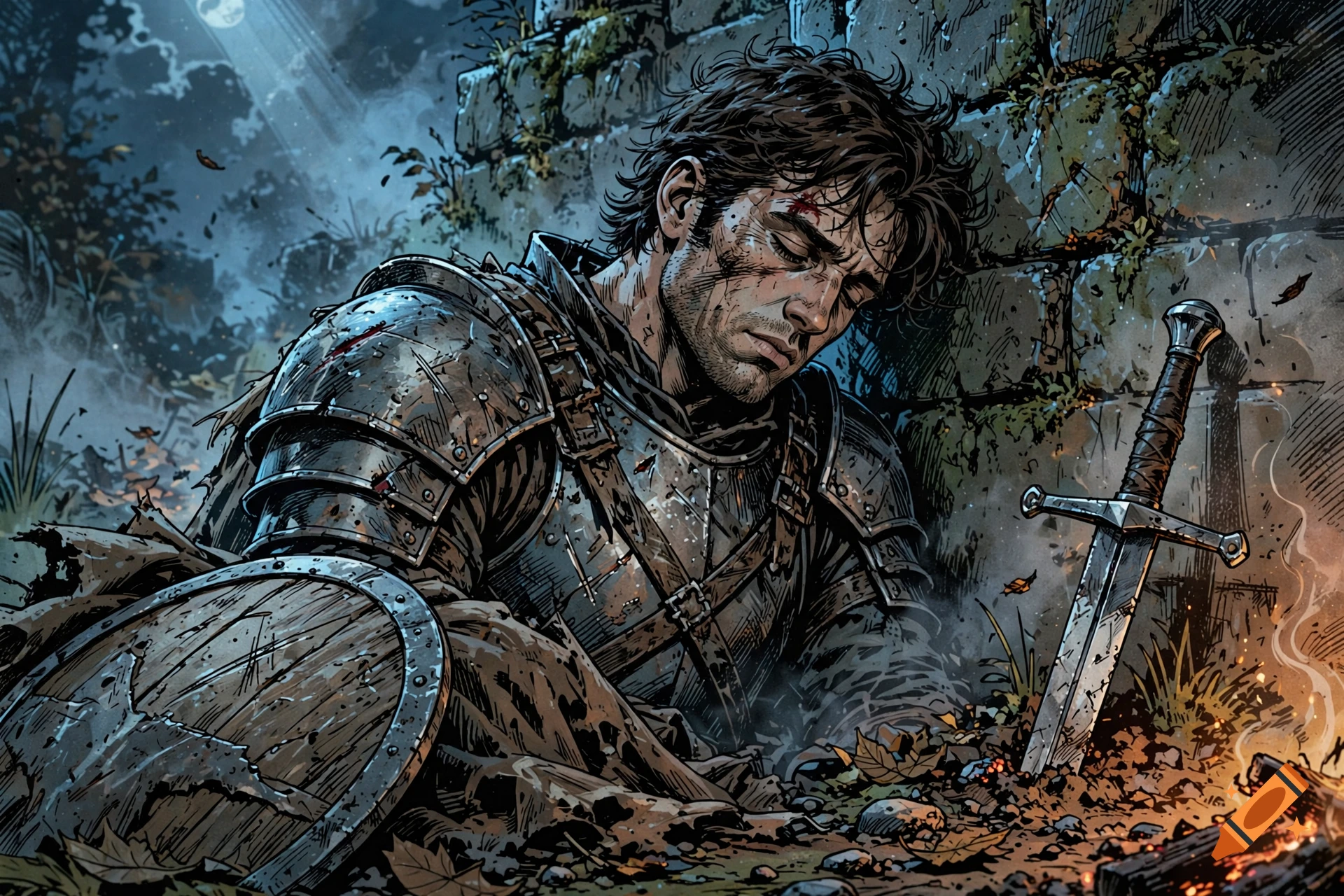 An exhausted knight in armor sleeping near a campfire next to a stone wall, comic book style illustration.