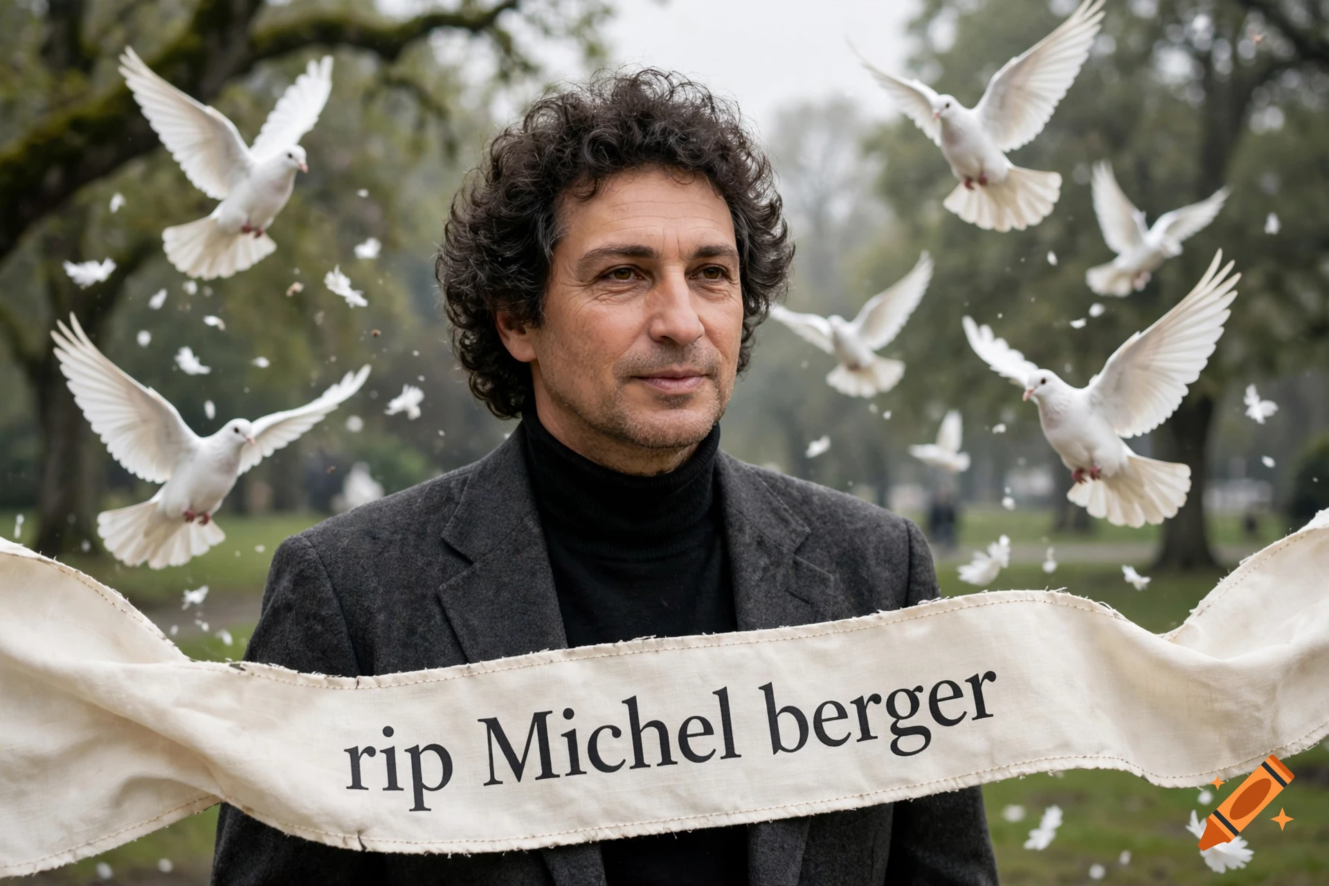 Photorealistic portrait of a man with curly hair in a park surrounded by flying white doves, holding a banner that reads "rip Michel berger".
