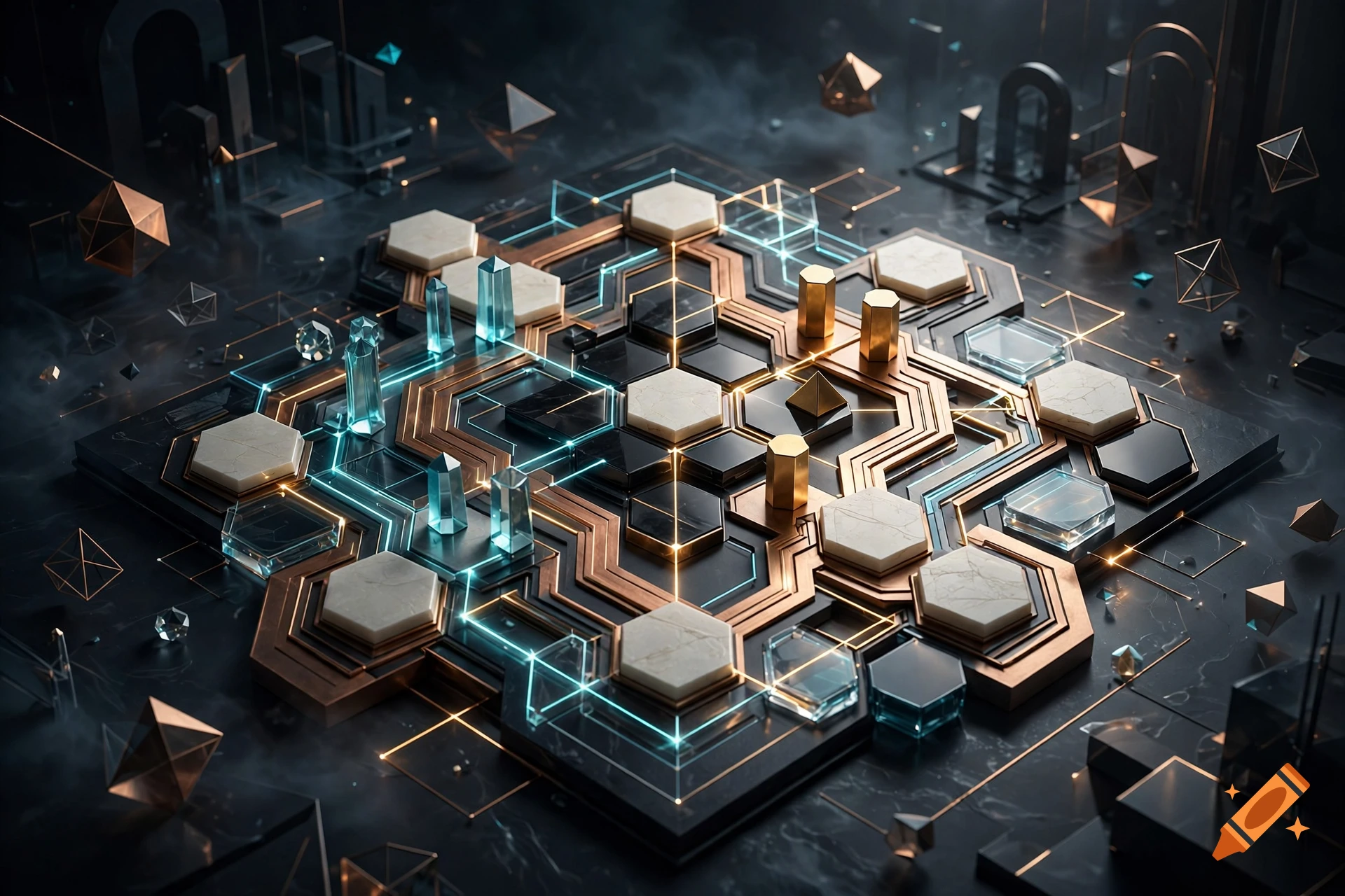 An abstract strategy board game with glowing geometric pieces on a dark marble and metallic surface.