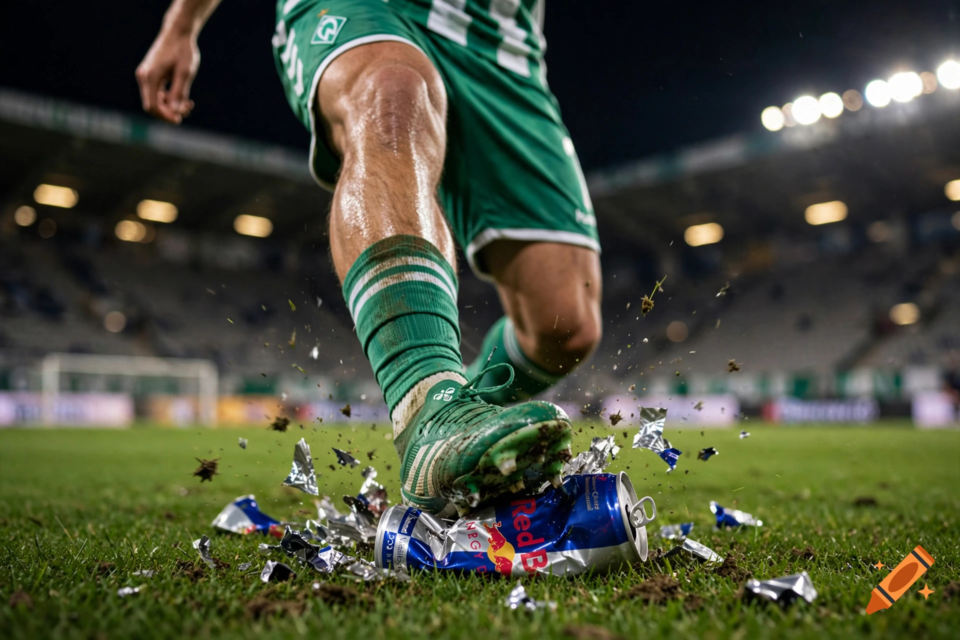 Cinematic low-angle action shot of a football player in green and white kit stomping on a crushed energy drink can on the pitch.