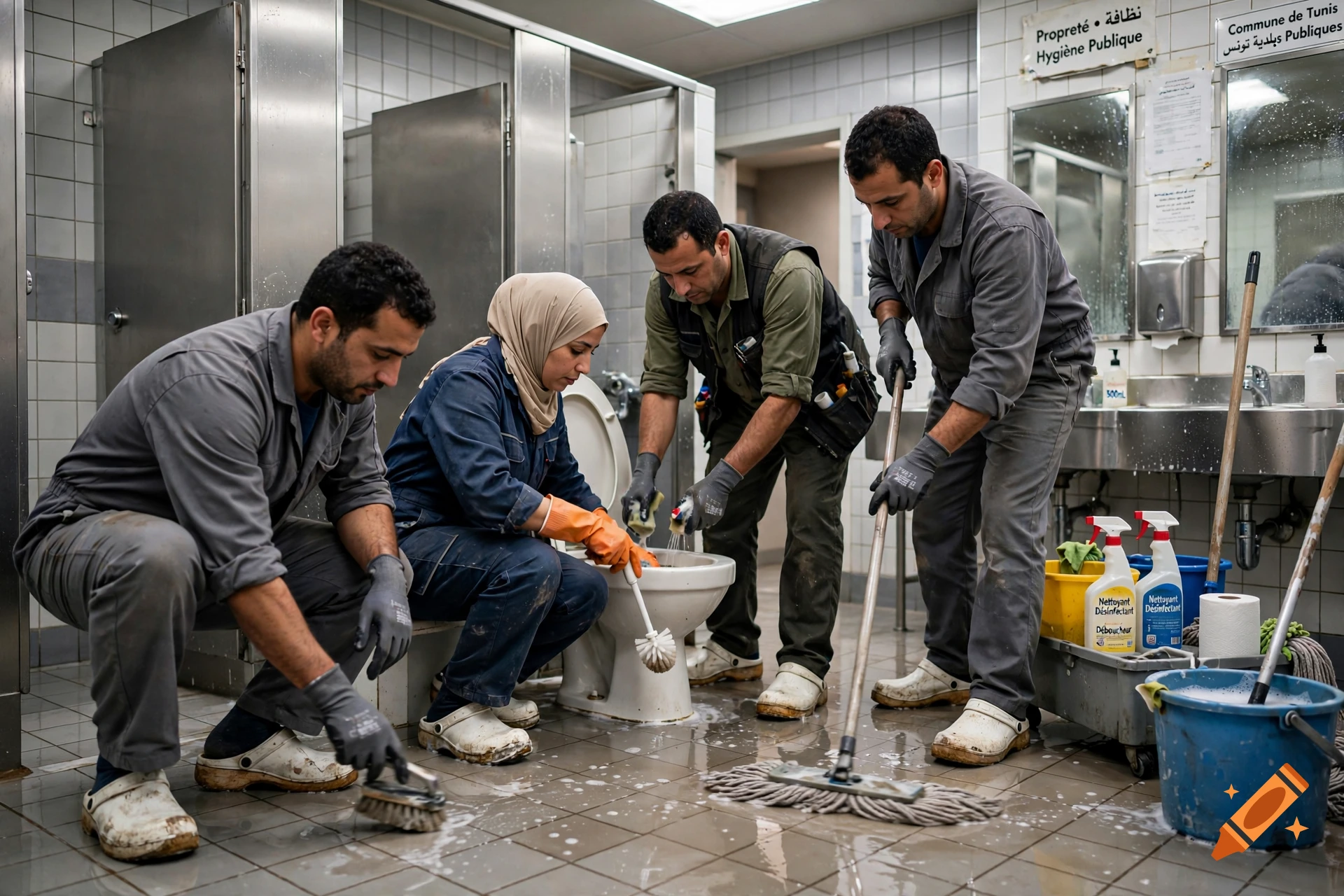 Four workers cleaning public restrooms, scrubbing floors and fixtures in a photorealistic style.