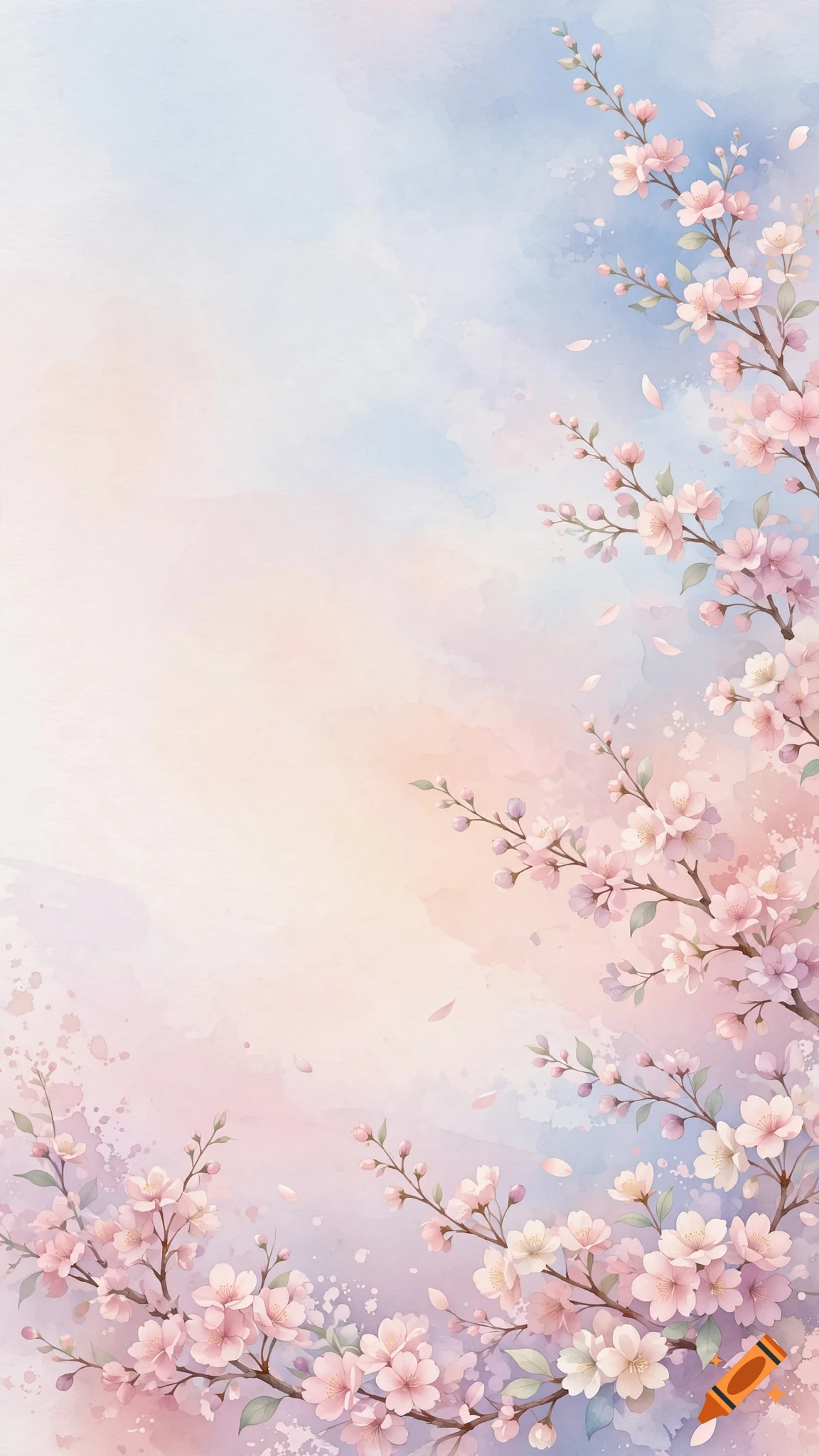Watercolor painting of cherry blossoms with pastel pink flowers and branches against a soft blue and peach gradient background.