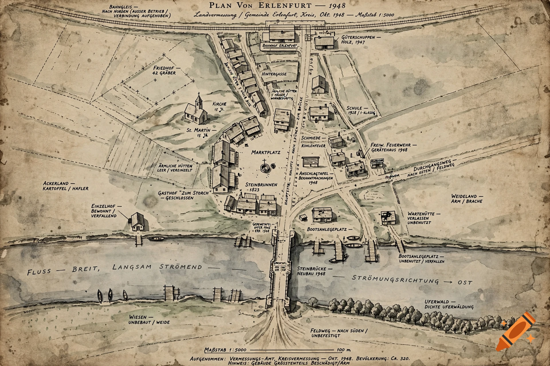 Vintage hand-drawn cartographic map of a 1948 German village with German labels, sepia tones, and ink linework.
