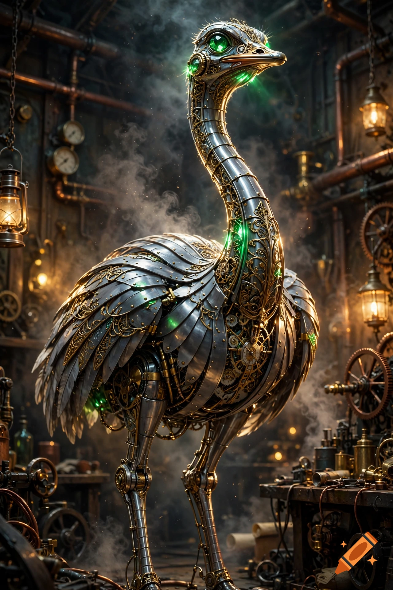 An intricate steampunk-style automaton bird resembling an ostrich, crafted from polished metal, gears, and filigree with glowing green eyes, standing in a dimly lit workshop filled with pipes, gauges, and steam.