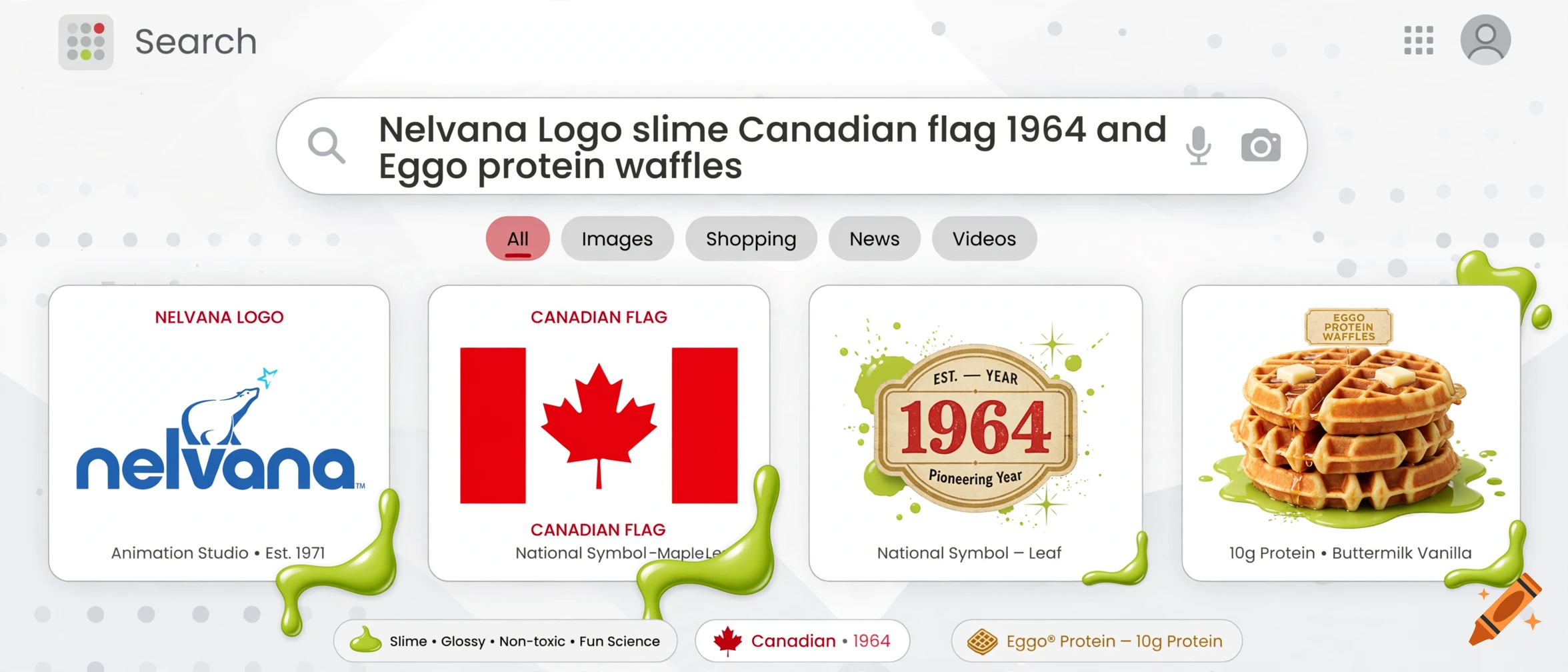 A simulated Google search results page showing a Nelvana logo, a Canadian flag, the year 1964, and Eggo protein waffles with slime accents.