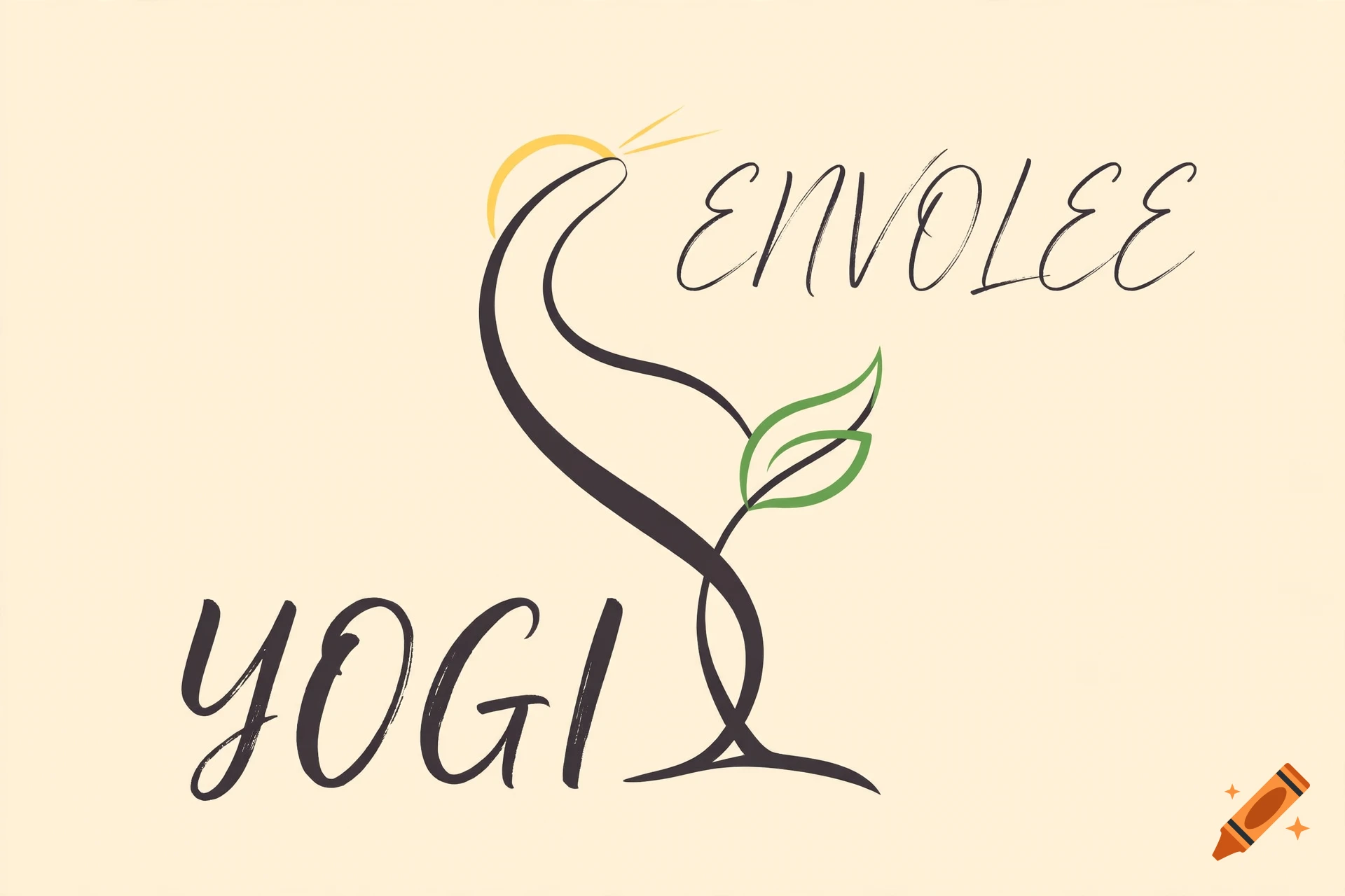 Minimalist logo featuring a plant stem merging with the words ENVOLEE and YOGI in stylized typography.