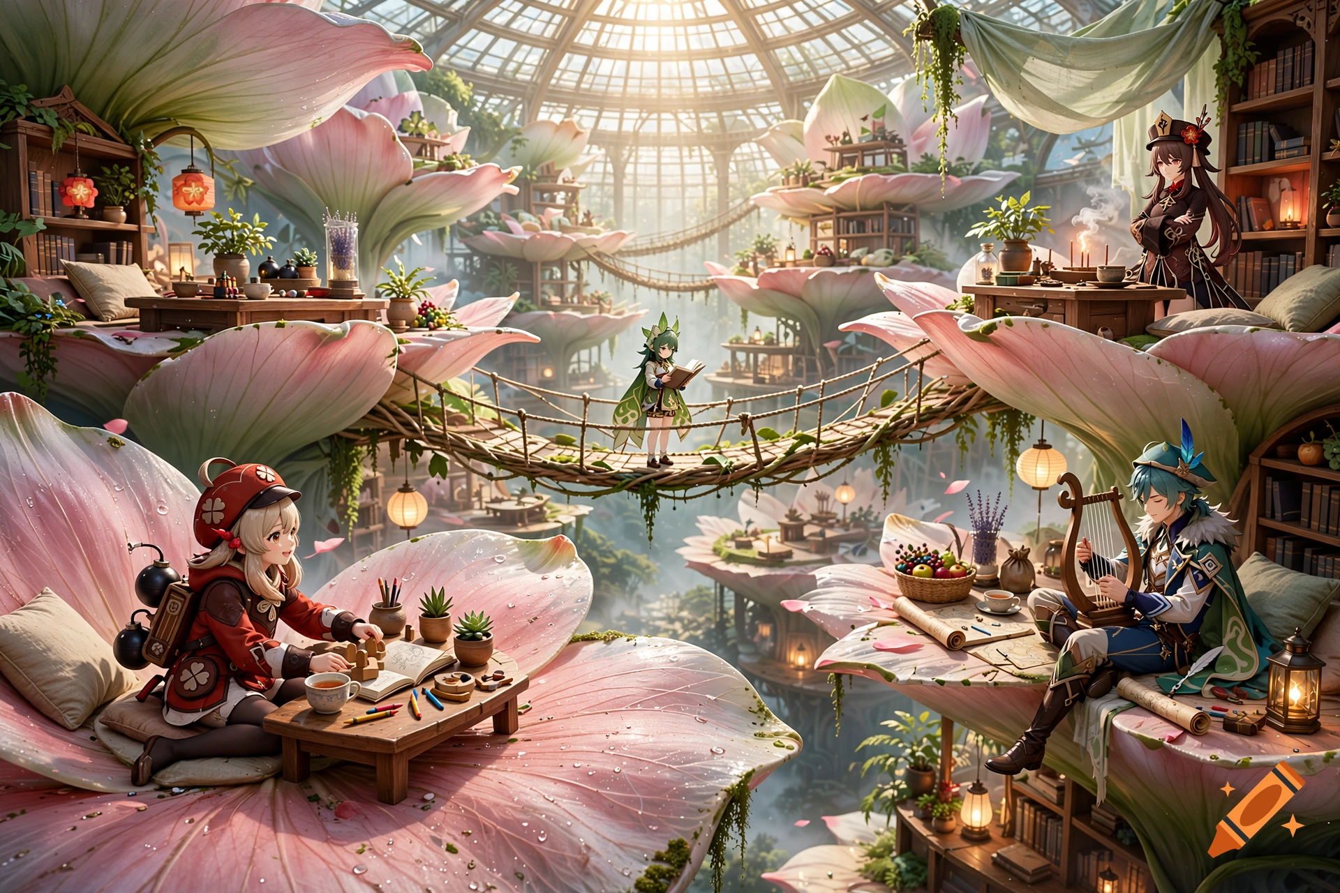 Anime-style fantasy greenhouse with giant flower petals forming multi-level living areas and Genshin Impact characters.