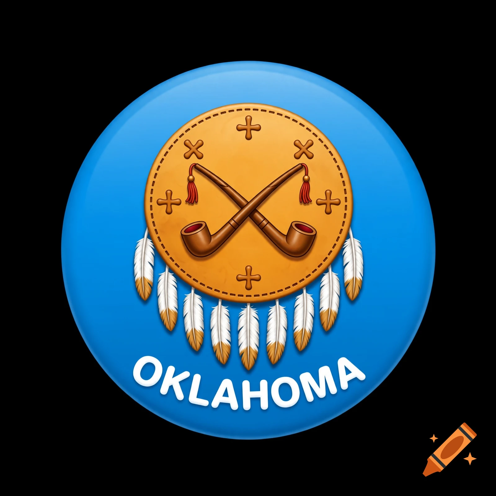 Round blue badge with the Oklahoma state flag design featuring an Osage shield, crossed calumet pipes, and white text OKLAHOMA.