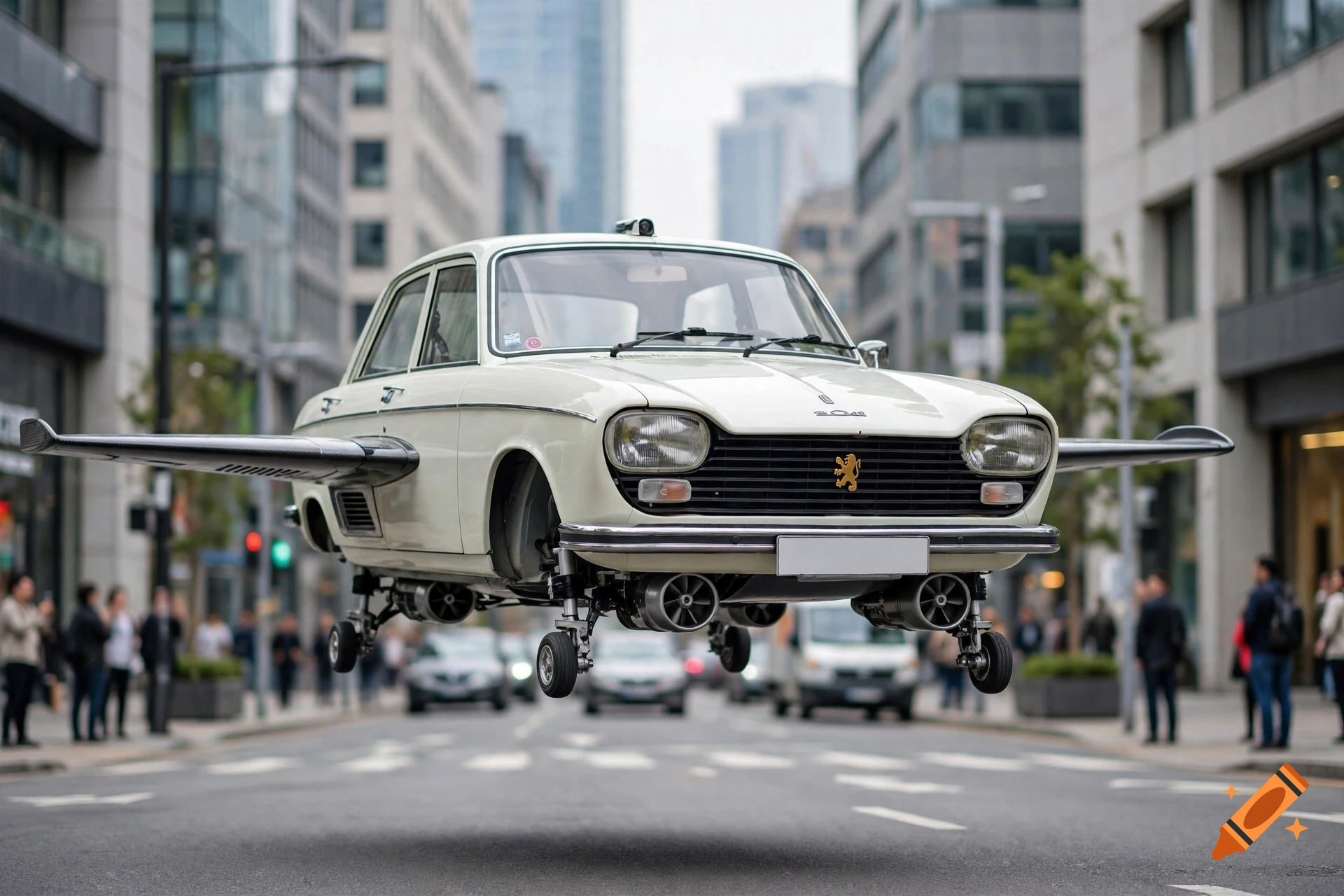 A vintage white flying car with attached jet engines and wings hovers above a city street filled with pedestrians.