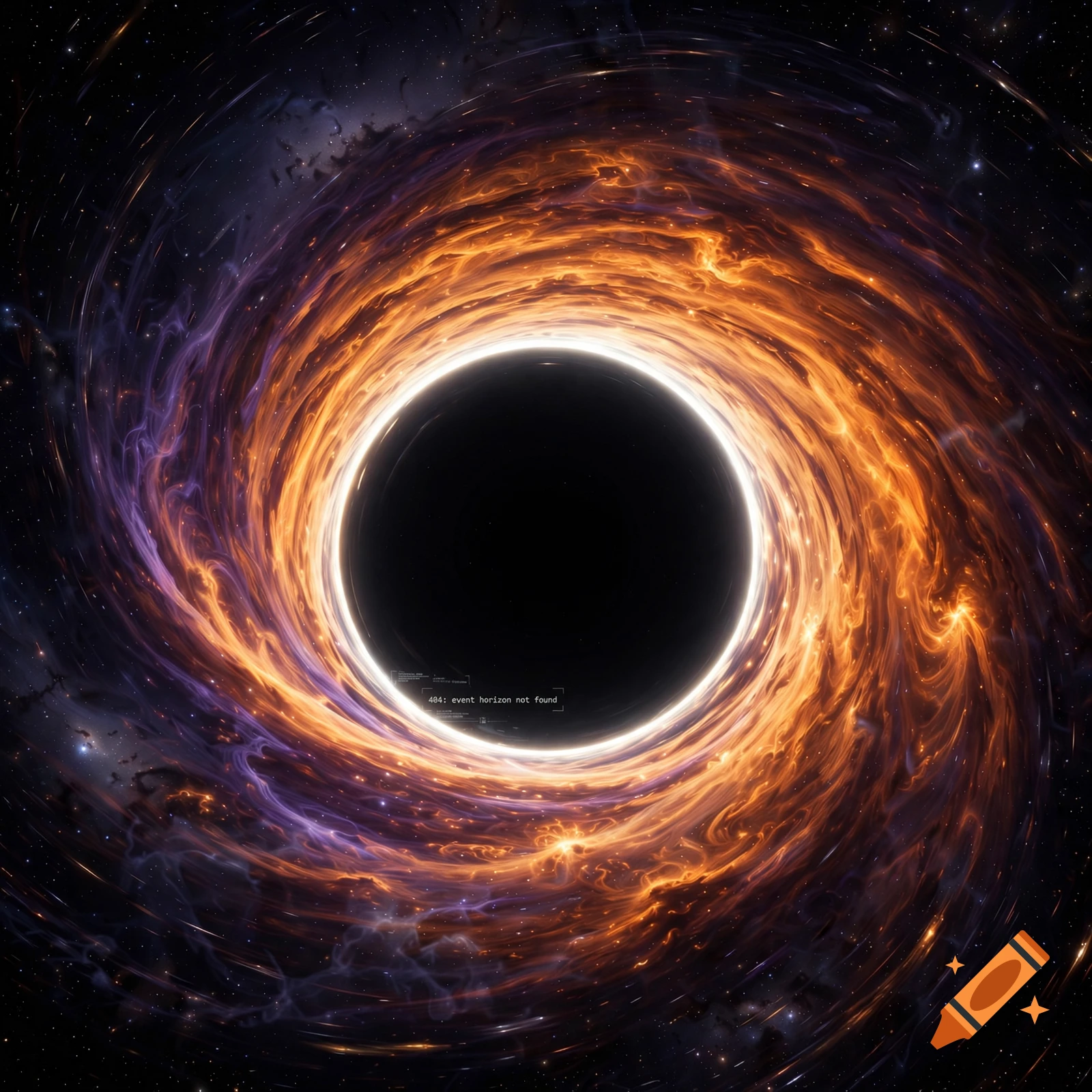 Photorealistic cinematic space view of a black hole with a glowing orange and purple accretion disk.