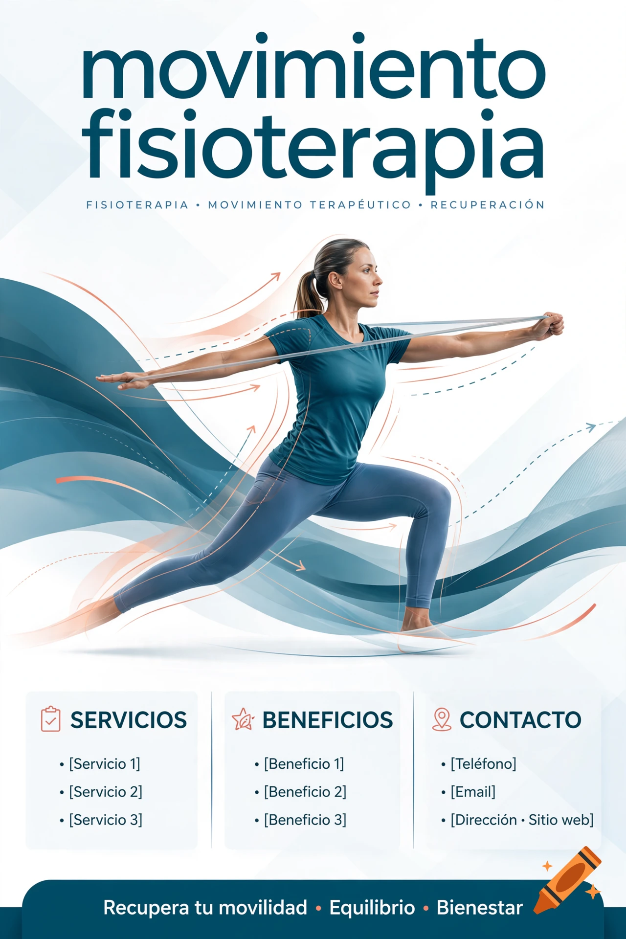 A professional flyer design for a physiotherapy service featuring a woman doing resistance band stretches against a dynamic blue and orange background.