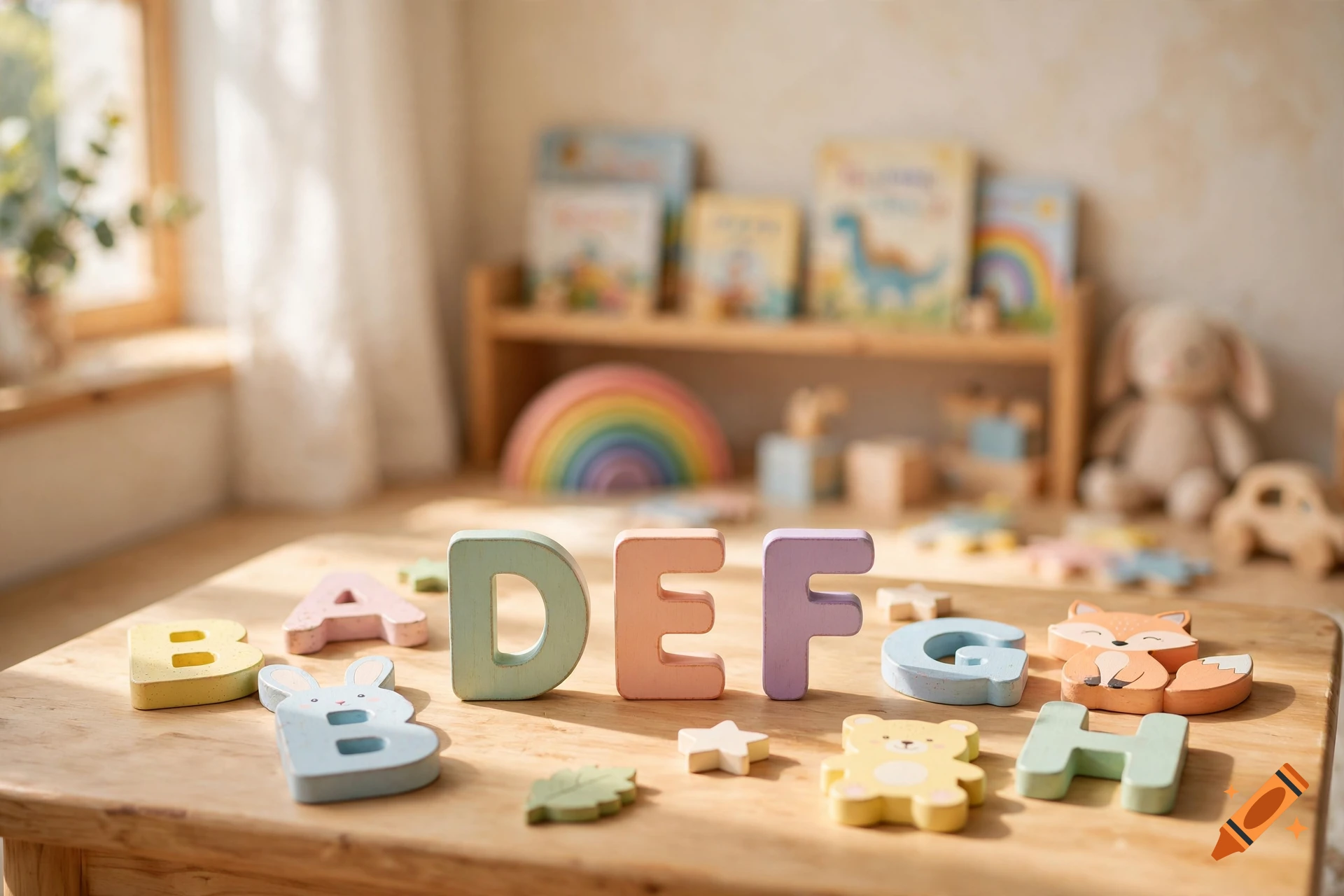 Colorful wooden alphabet blocks arranged on a wooden table in a bright, cozy children's room.
