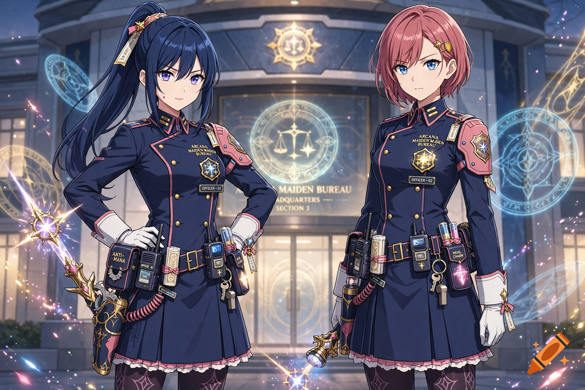 Anime style digital illustration of two magical girl police officers in navy blue uniforms standing in front of a bureau building.