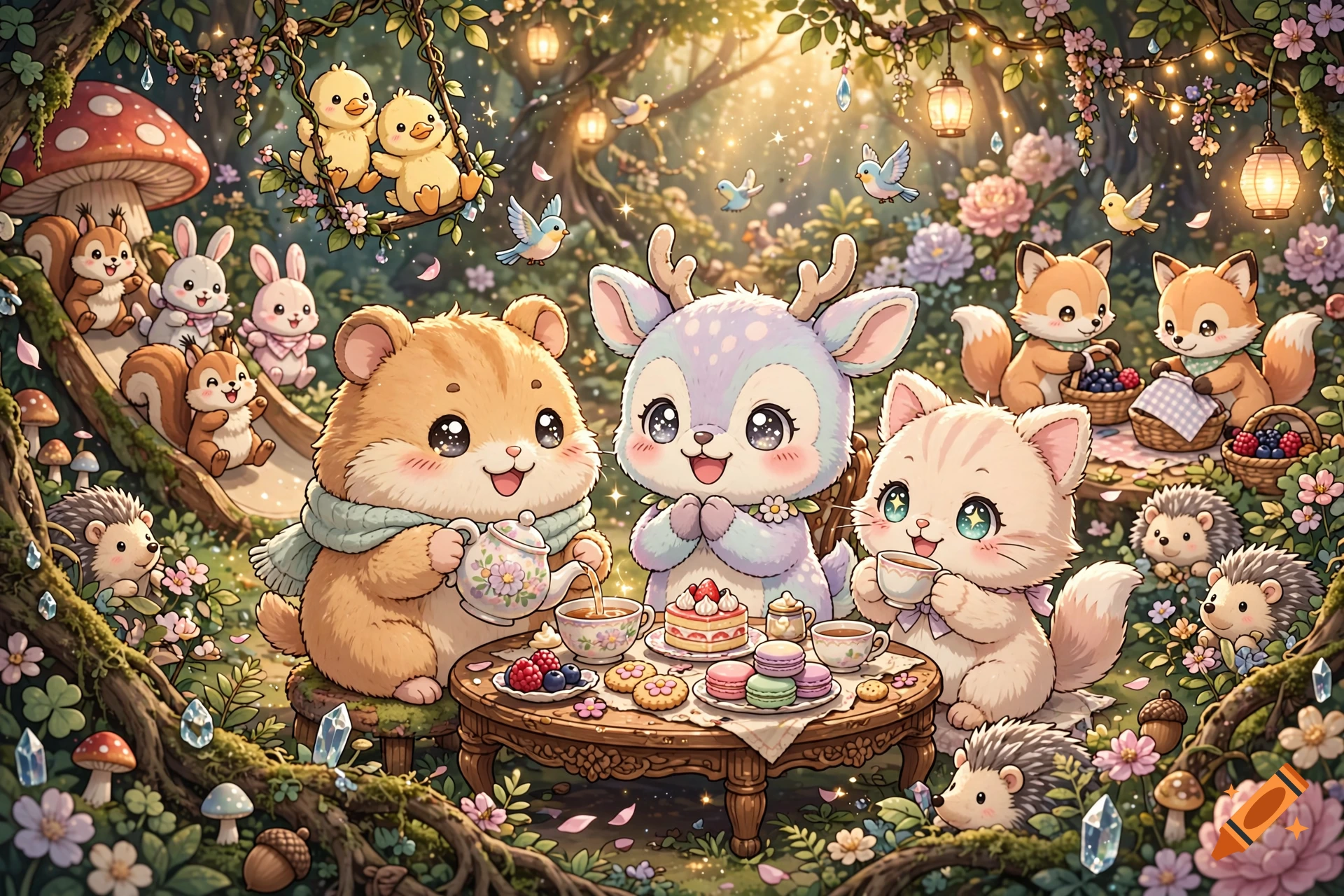 Chibi-style cute stuffed animal toys including a hamster, deer, and kitten having a tea party in a magical forest wonderland.