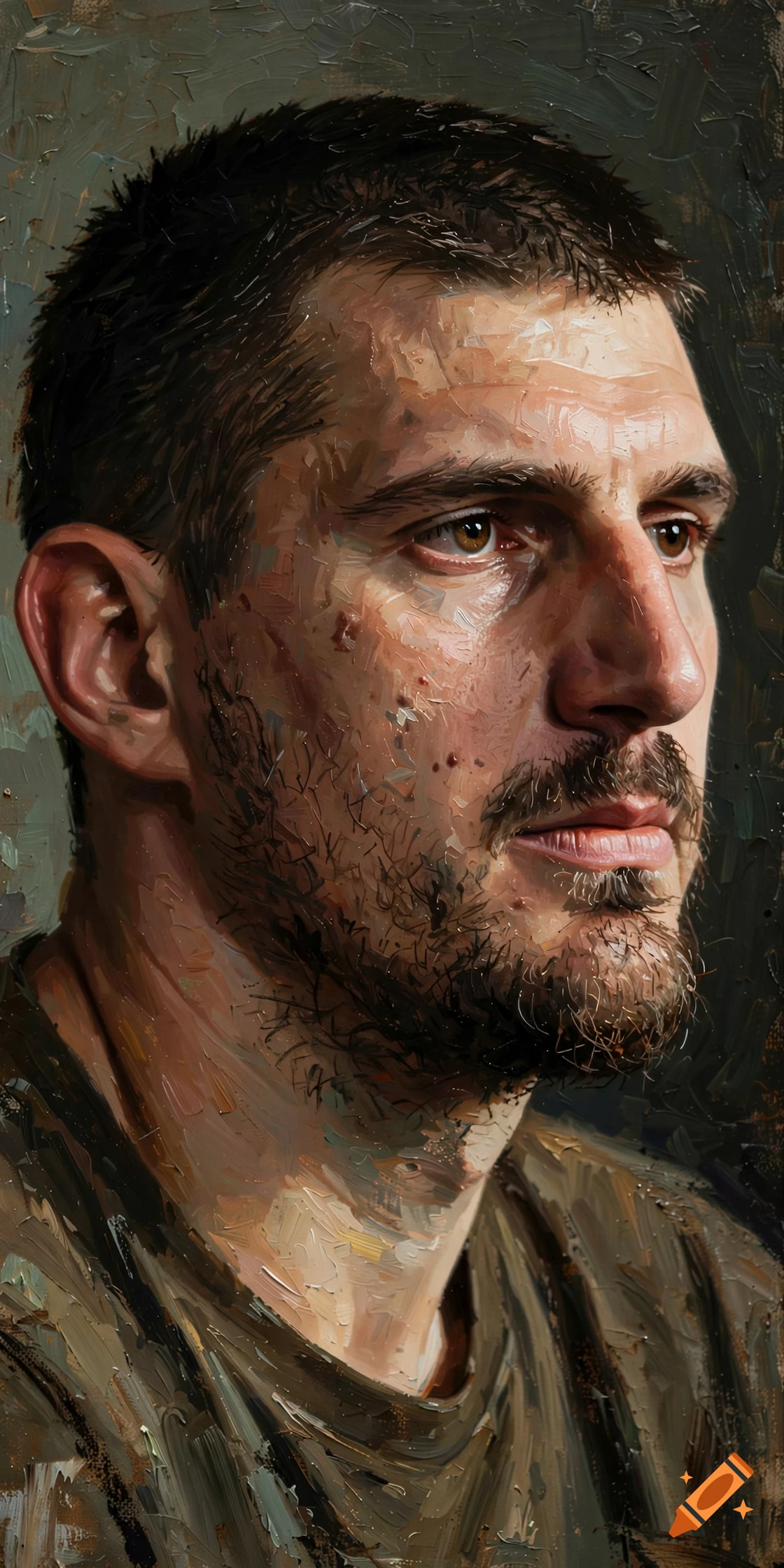 Oil painting portrait of a man with short brown hair and stubble, in the style of Lucian Freud.