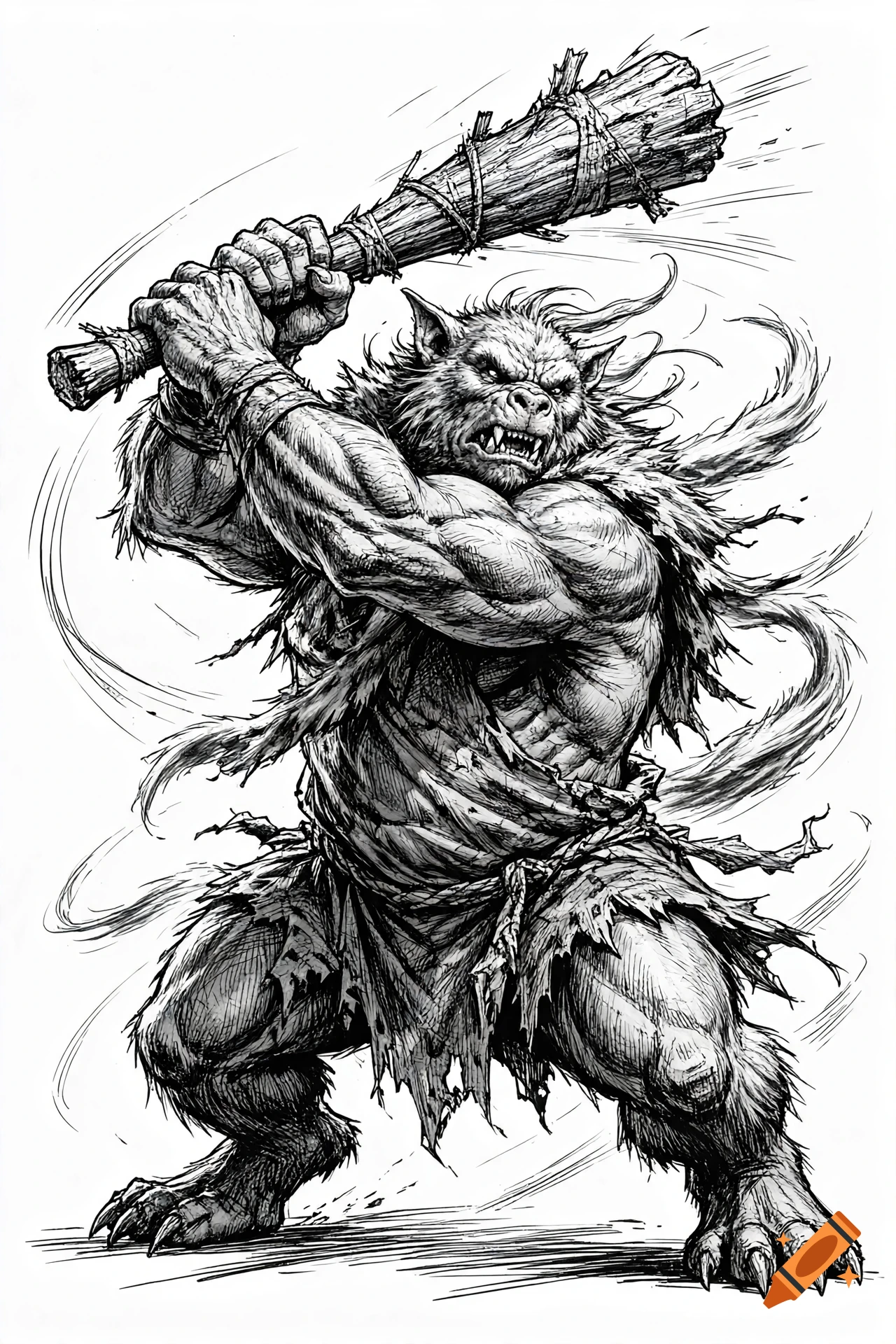 Black and white ink drawing of a muscular bugbear in a dynamic pose wielding a heavy wooden club.