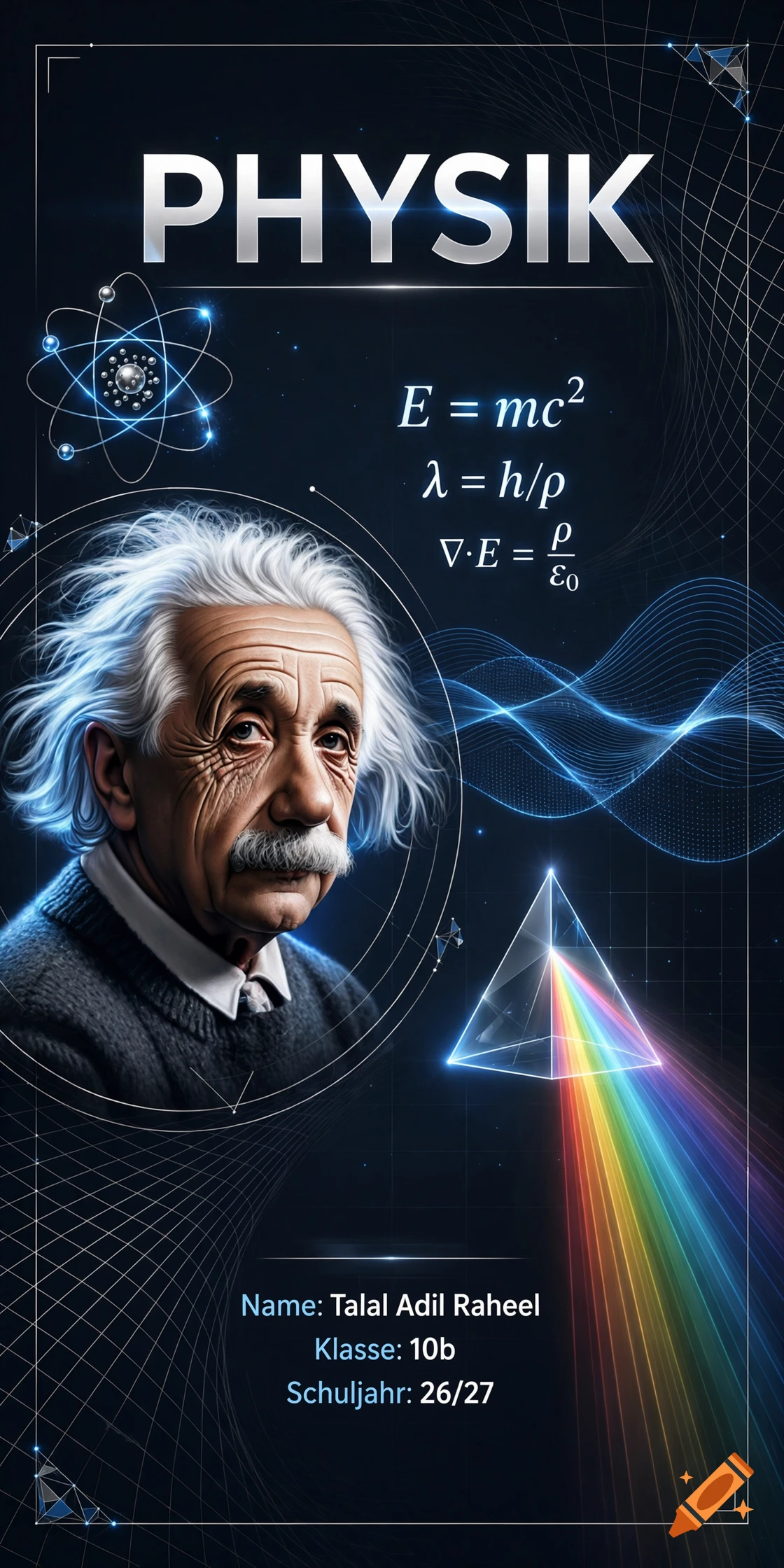 Physics notebook cover featuring a portrait of Albert Einstein, formulas, an atom model, and a light prism refracting a rainbow.