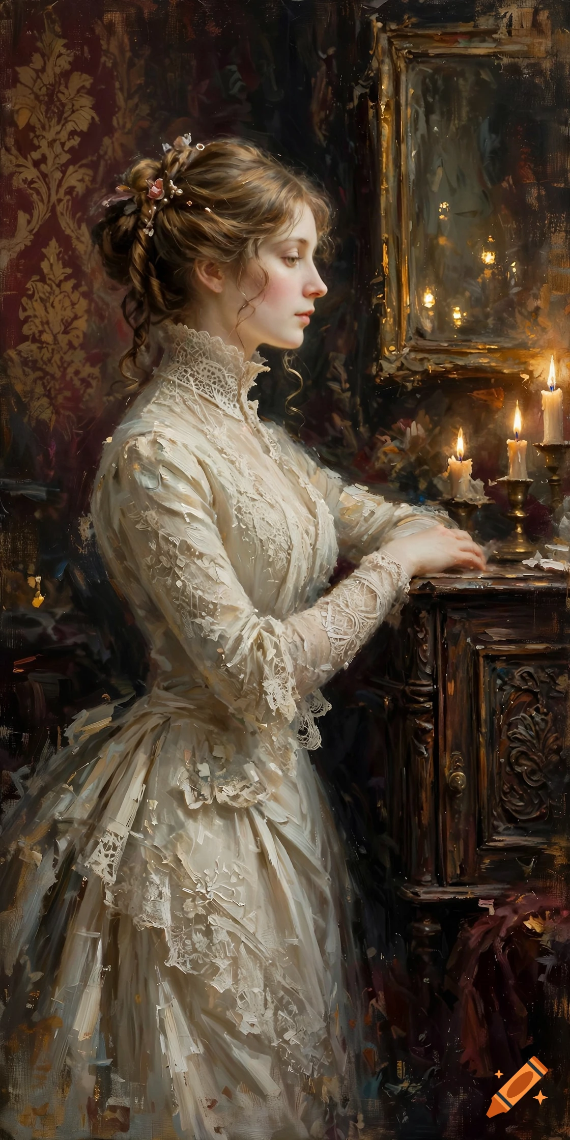 Impressionist oil painting of a Victorian woman in a high-neck lace gown standing by a dark wooden cabinet with lit candles.