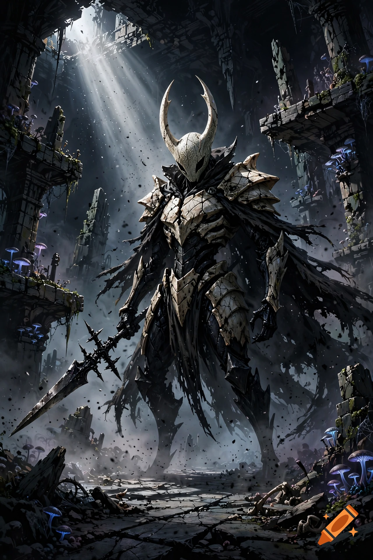 A detailed dark fantasy warrior in cracked white armor and a horned helmet wielding a spear in a ruined underground cavern.