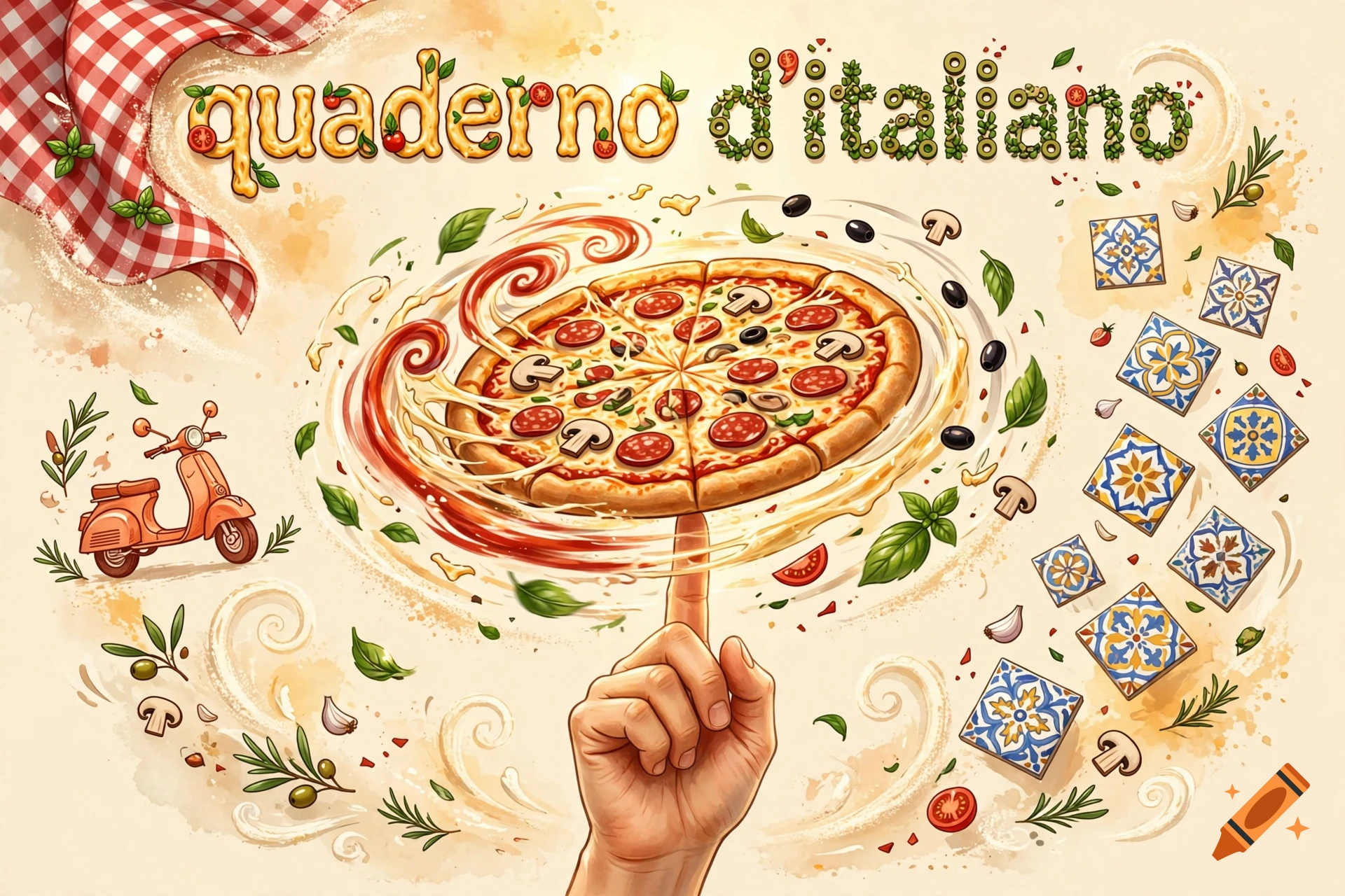 Watercolor style illustration of a pizza spinning on a finger, featuring Italian text made of pizza toppings, a scooter, and decorative tiles.