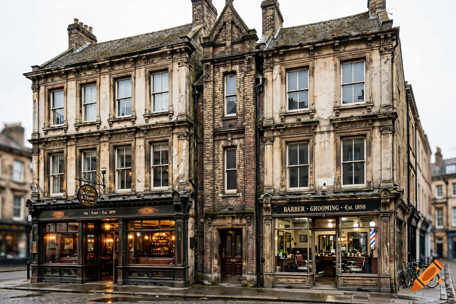 Photorealistic image of a 19th-century three-story brick and stone building with a pub and a barbershop on the ground floor.
