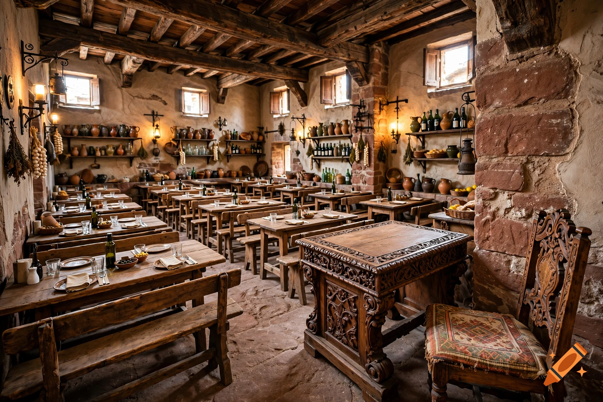 Photorealistic view of an ancient rustic tavern interior with wooden beams, clay pots, multiple wooden tables, and benches.