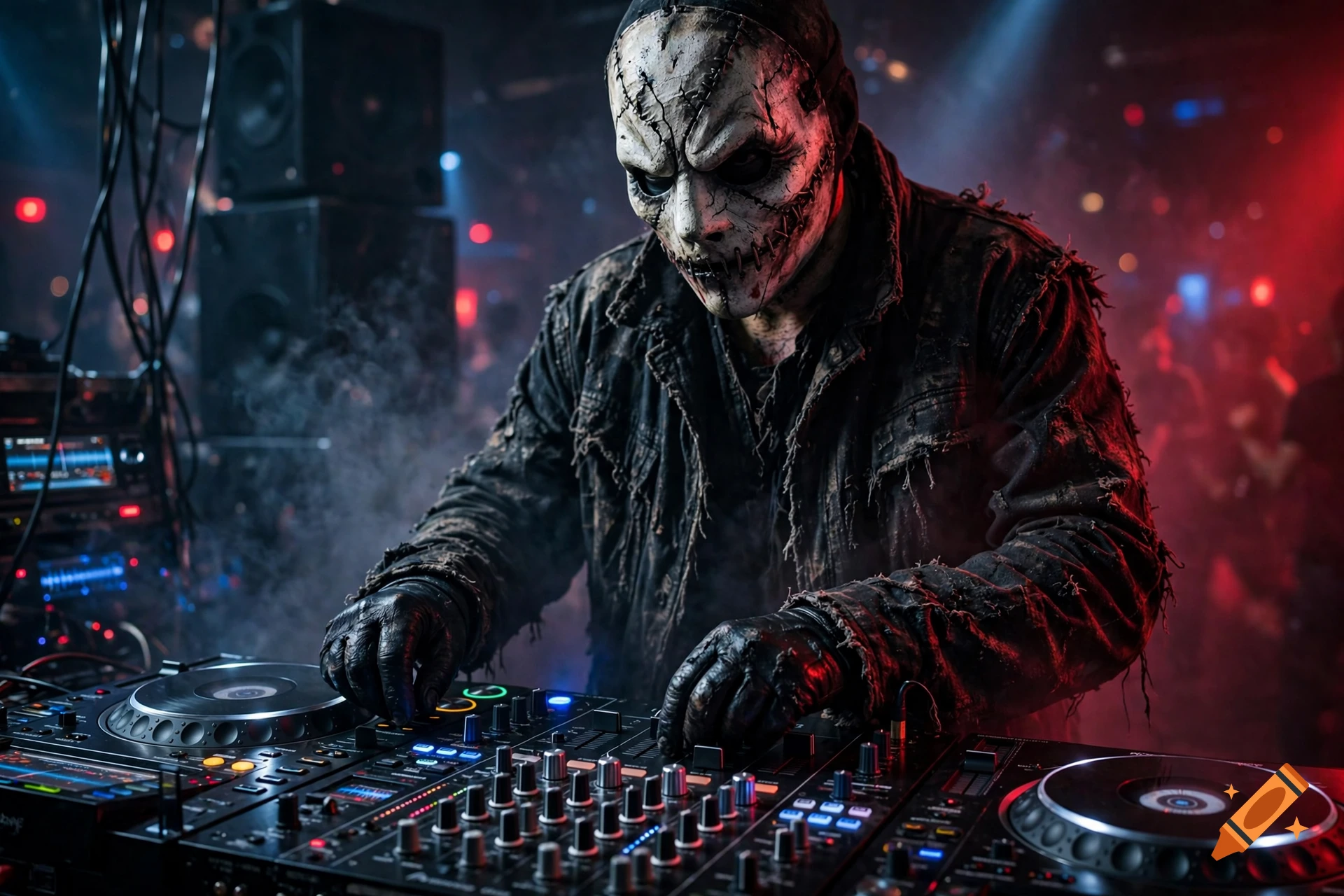 A horror-themed DJ wearing a cracked skull mask and a distressed leather jacket, performing at a nightclub with red stage lighting.