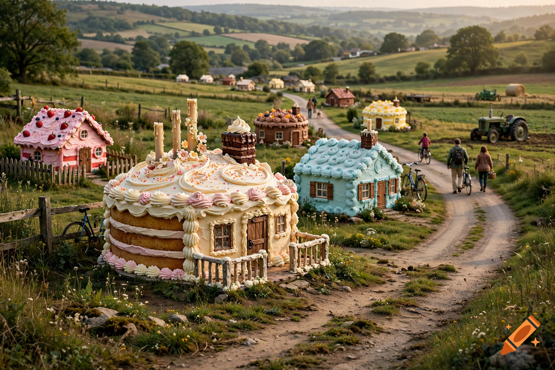Photorealistic image of a rural landscape with small houses shaped like decorated birthday cakes.