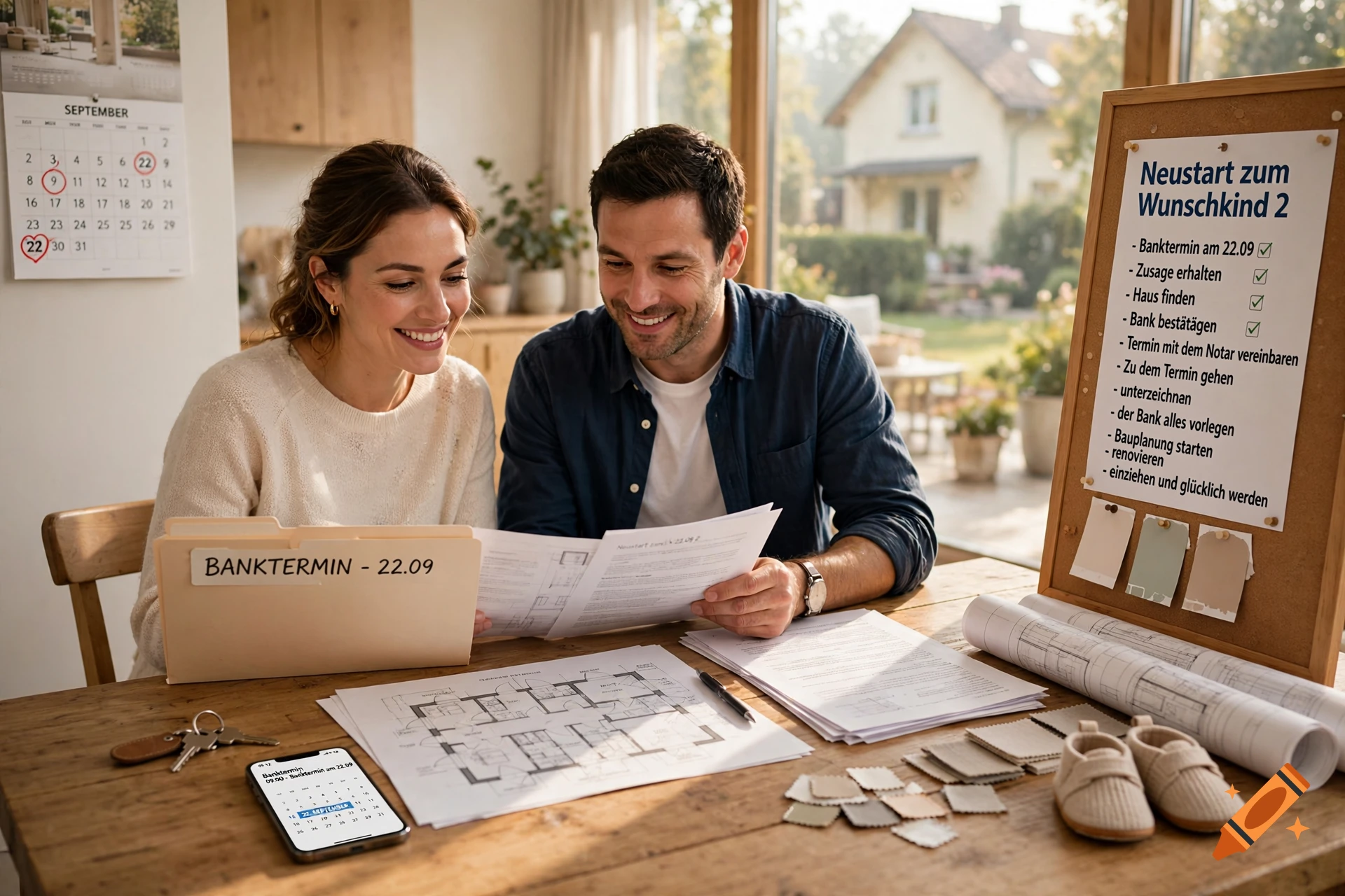 A smiling couple looking over house blueprints and documents at a wooden table in a brightly lit room.