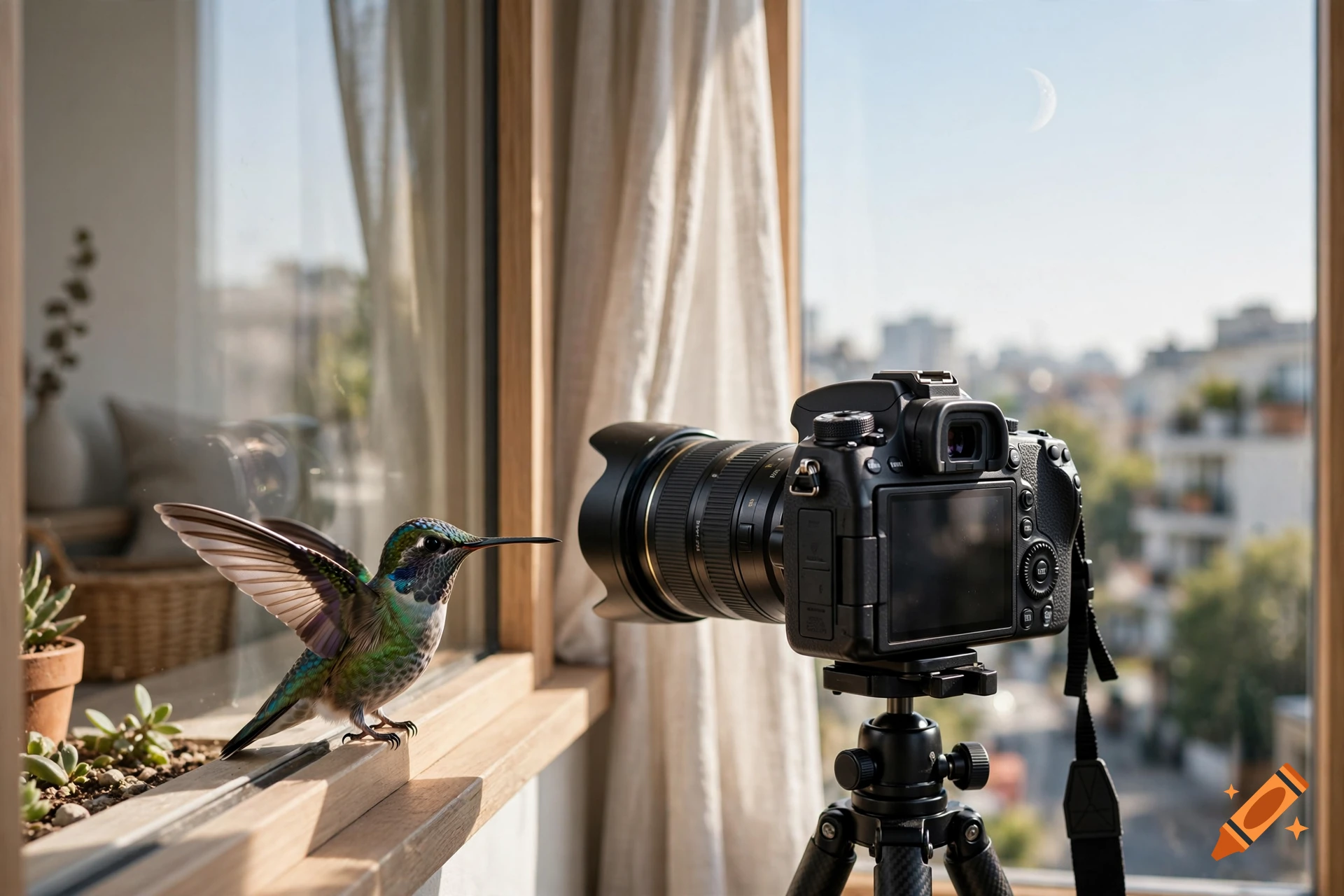 A tiny hummingbird perched on a windowsill, looking at a DSLR camera on a tripod facing the window.
