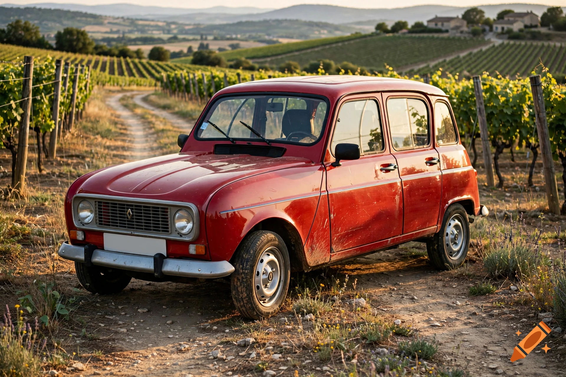A vintage red Renault 4L parked on a dirt path alongside a vineyard in the countryside, photorealistic.
