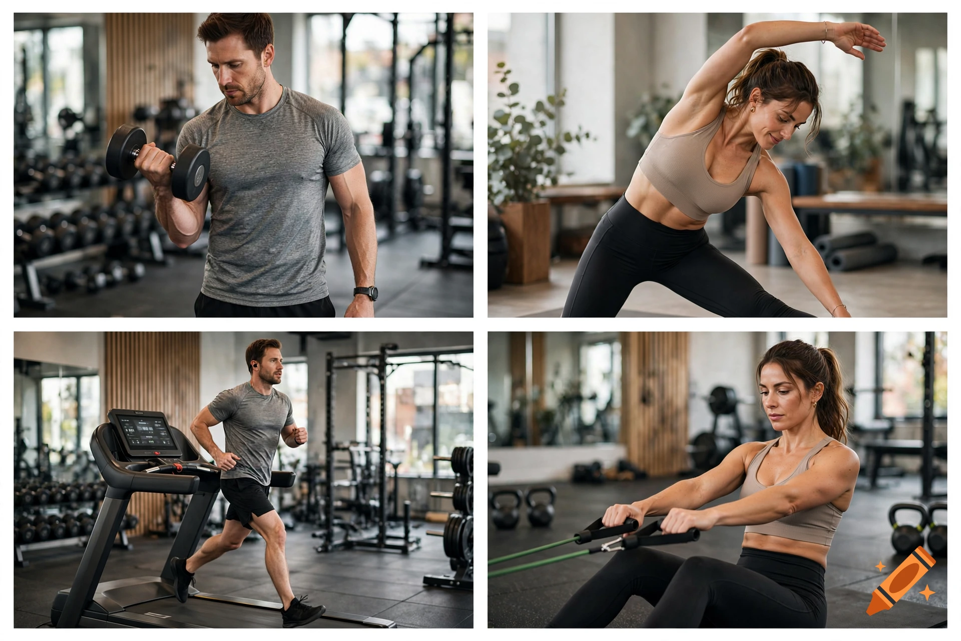 Four-panel photorealistic collage of a man and woman working out in a modern gym, including lifting weights, stretching, treadmill running, and using resistance bands.