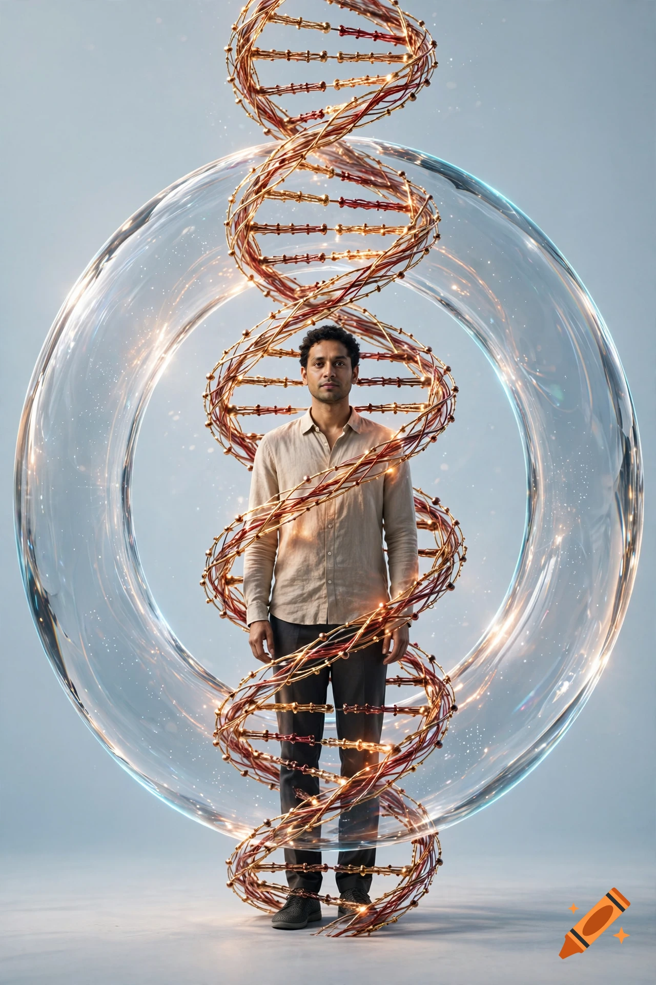 Photorealistic image of a man standing inside a transparent torus field with a glowing golden and red DNA helix wrapping around him.