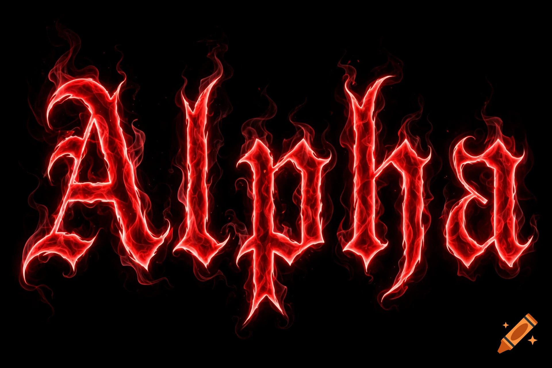 The word Alpha rendered in glowing red gothic-style fire against a black background.
