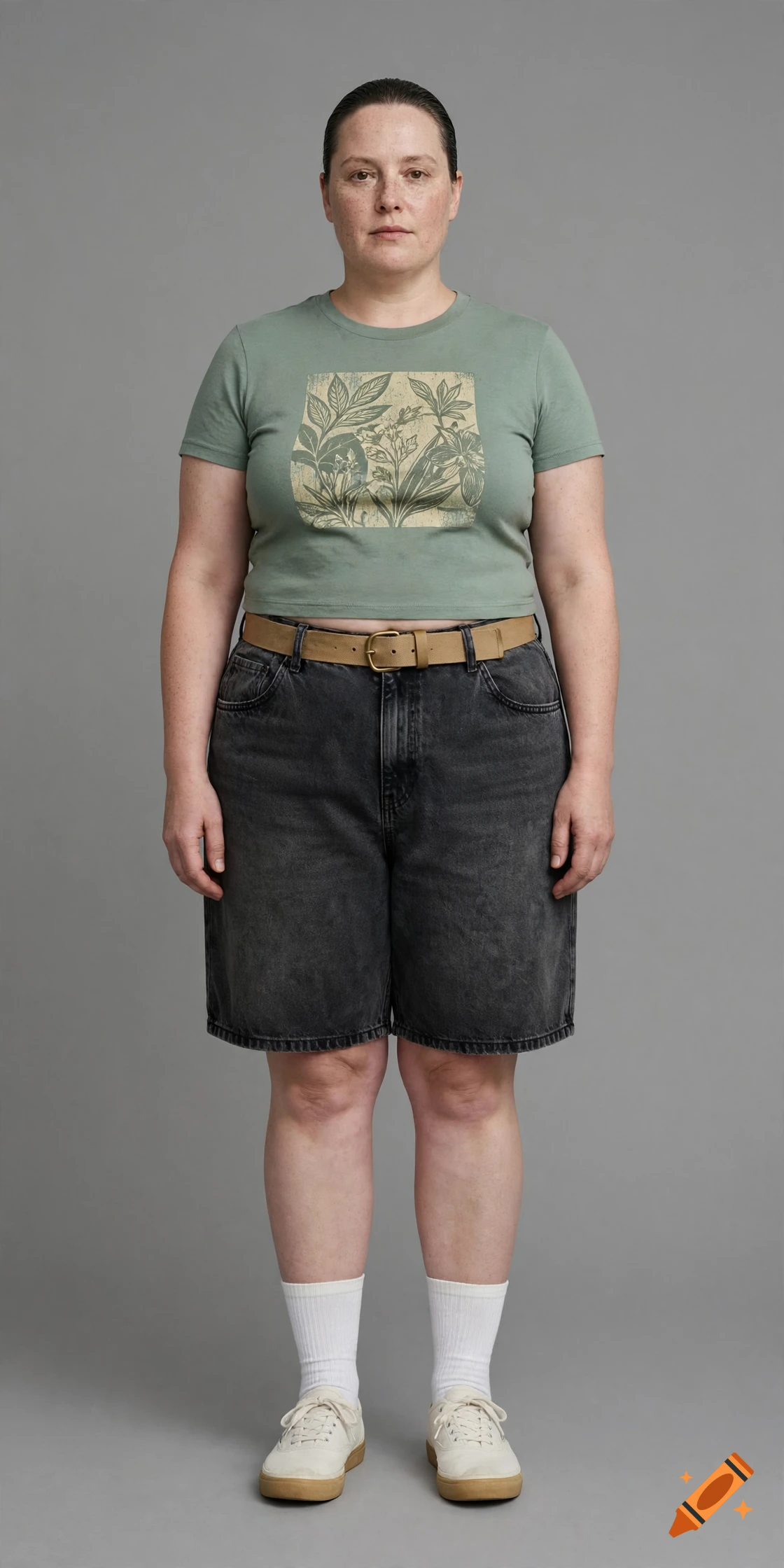 Full-body studio photograph of a person with short hair wearing a sage green crop top, black denim jorts, and white sneakers against a gray backdrop.