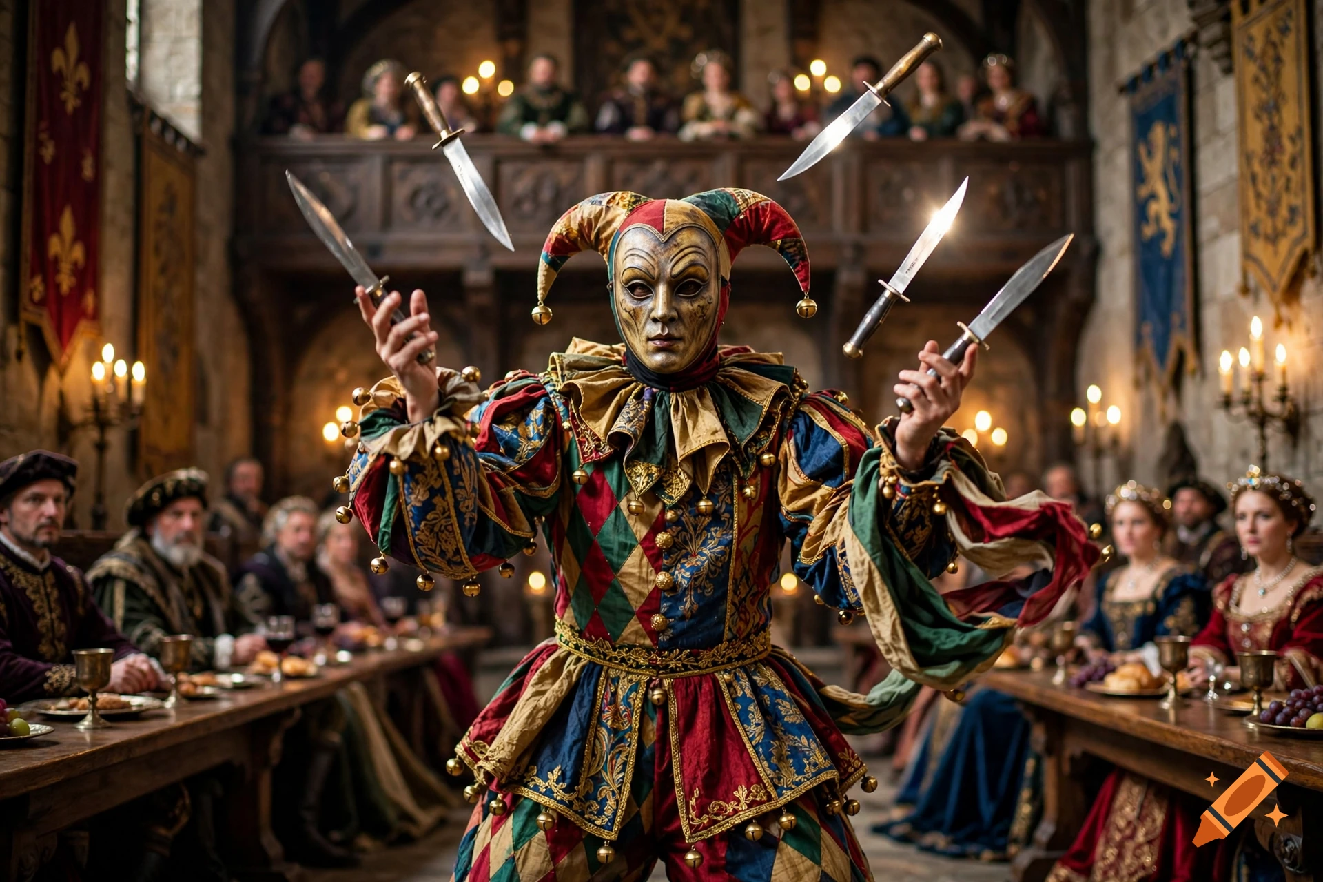 Photorealistic image of a jester wearing a mask and colorful motley, juggling knives in a medieval banquet hall.