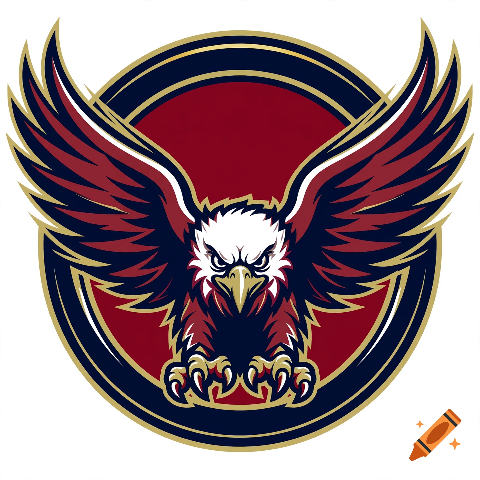 Logo of an eagle with wings spread wide over a circular red and blue background, illustrated style.