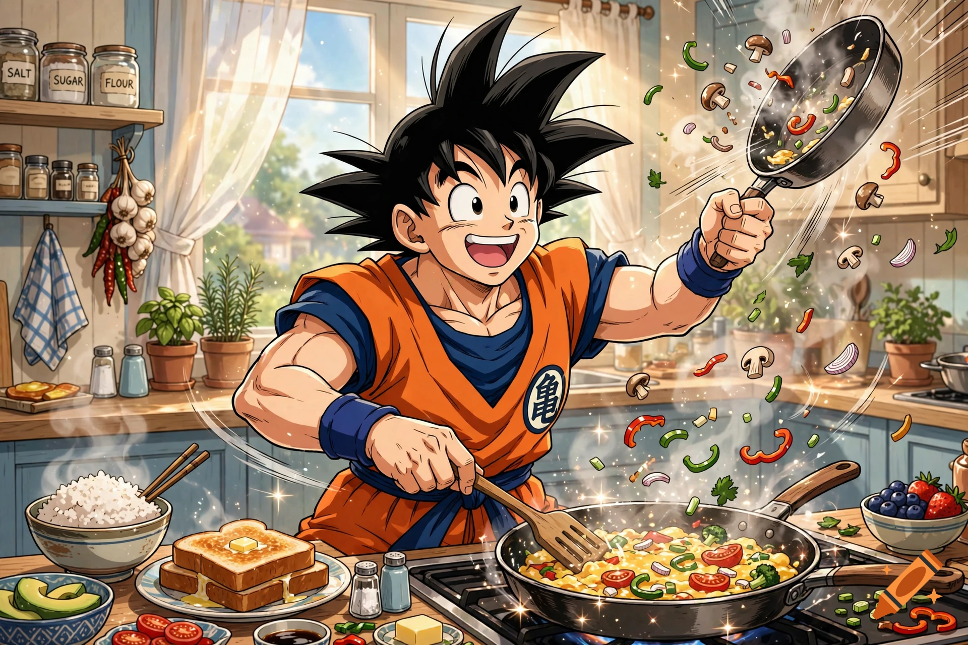 Anime style illustration of Goku cooking breakfast in a sunny kitchen, tossing vegetables in a pan.