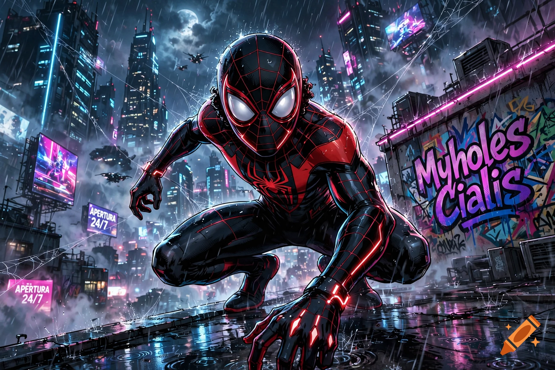 Miles Morales in Spider-Man suit crouching on a rainy rooftop in a neon-lit cyberpunk city at night with graffiti.