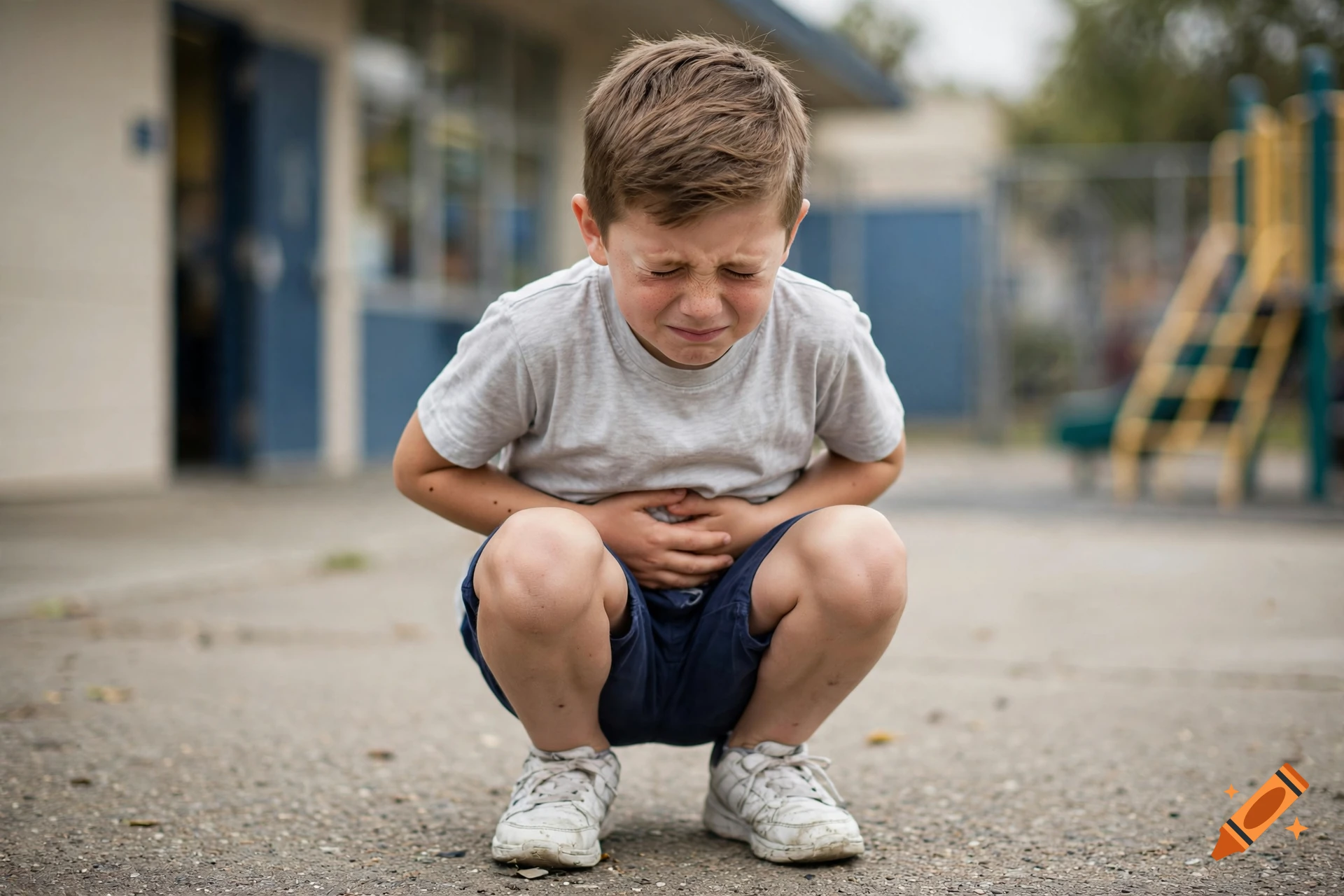 Photorealistic image of a young boy in a grey t-shirt and shorts, squatting outdoors with a painful expression holding his stomach.