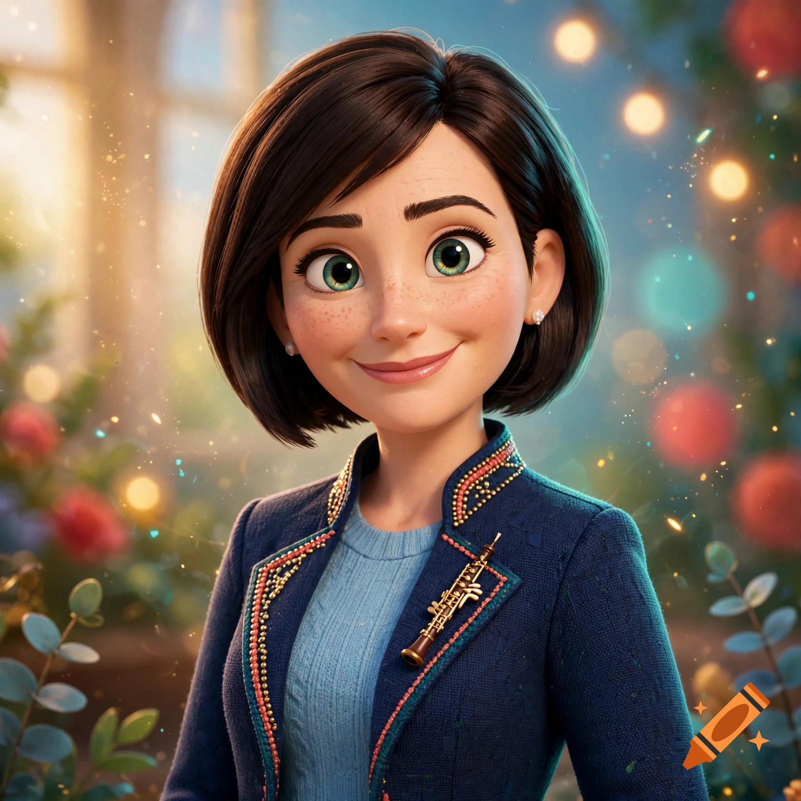 Close-up portrait of a woman with short dark hair and green eyes in Disney Pixar 3D animation style, wearing a blue jacket.