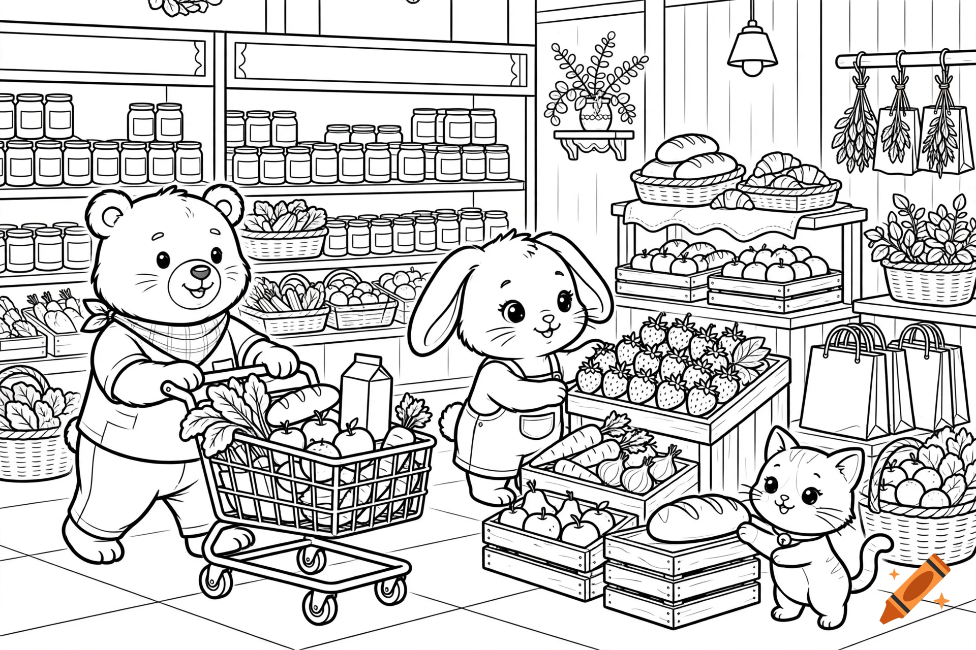Black and white coloring book page featuring a cute bear, bunny, and cat shopping for groceries in a store.