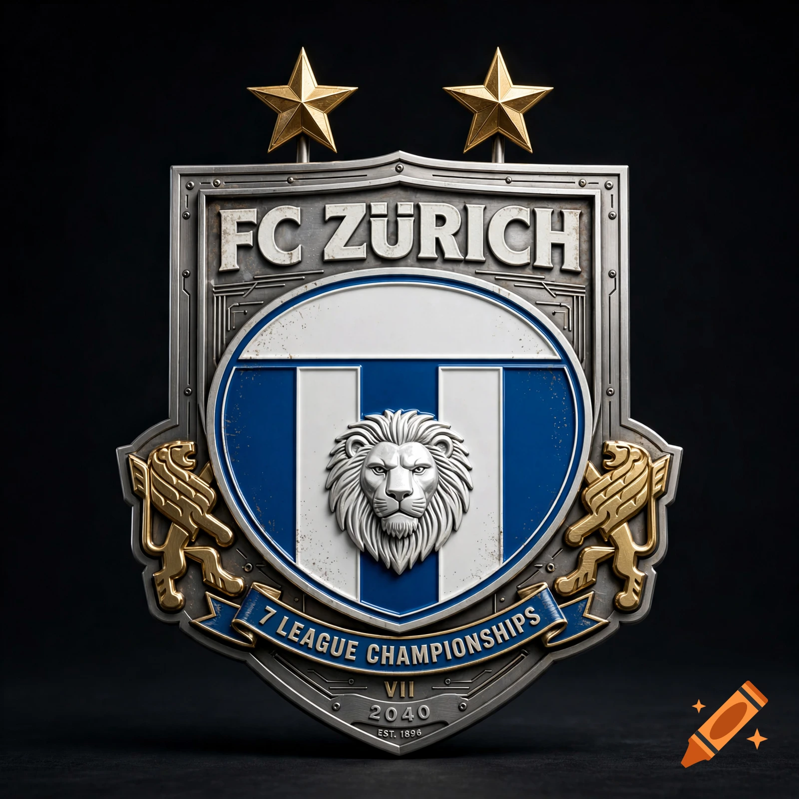 Photorealistic FC Zurich retro crest with two stars, lion motif, and text 7 league championships 2040 on a black background.