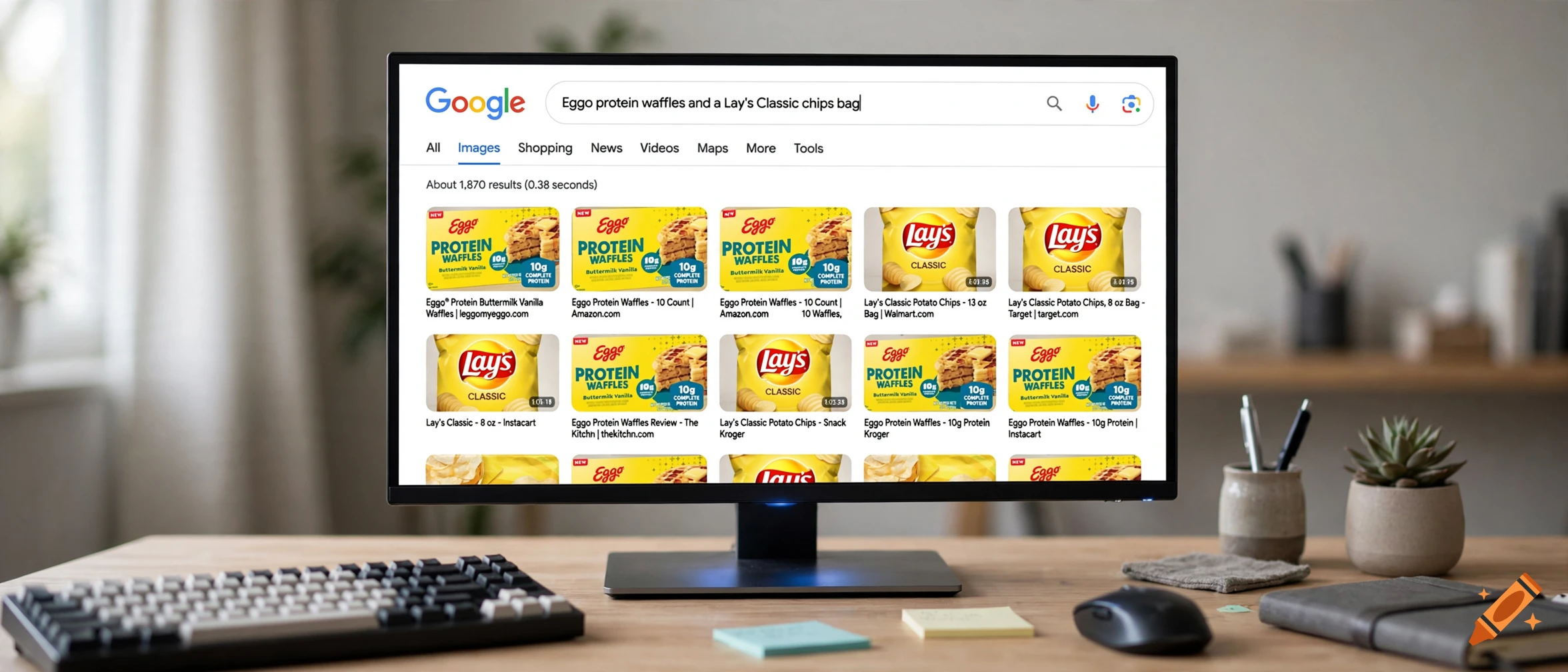 A computer monitor displaying a Google search results page for Eggo protein waffles and Lay's chips, set on a wooden desk.