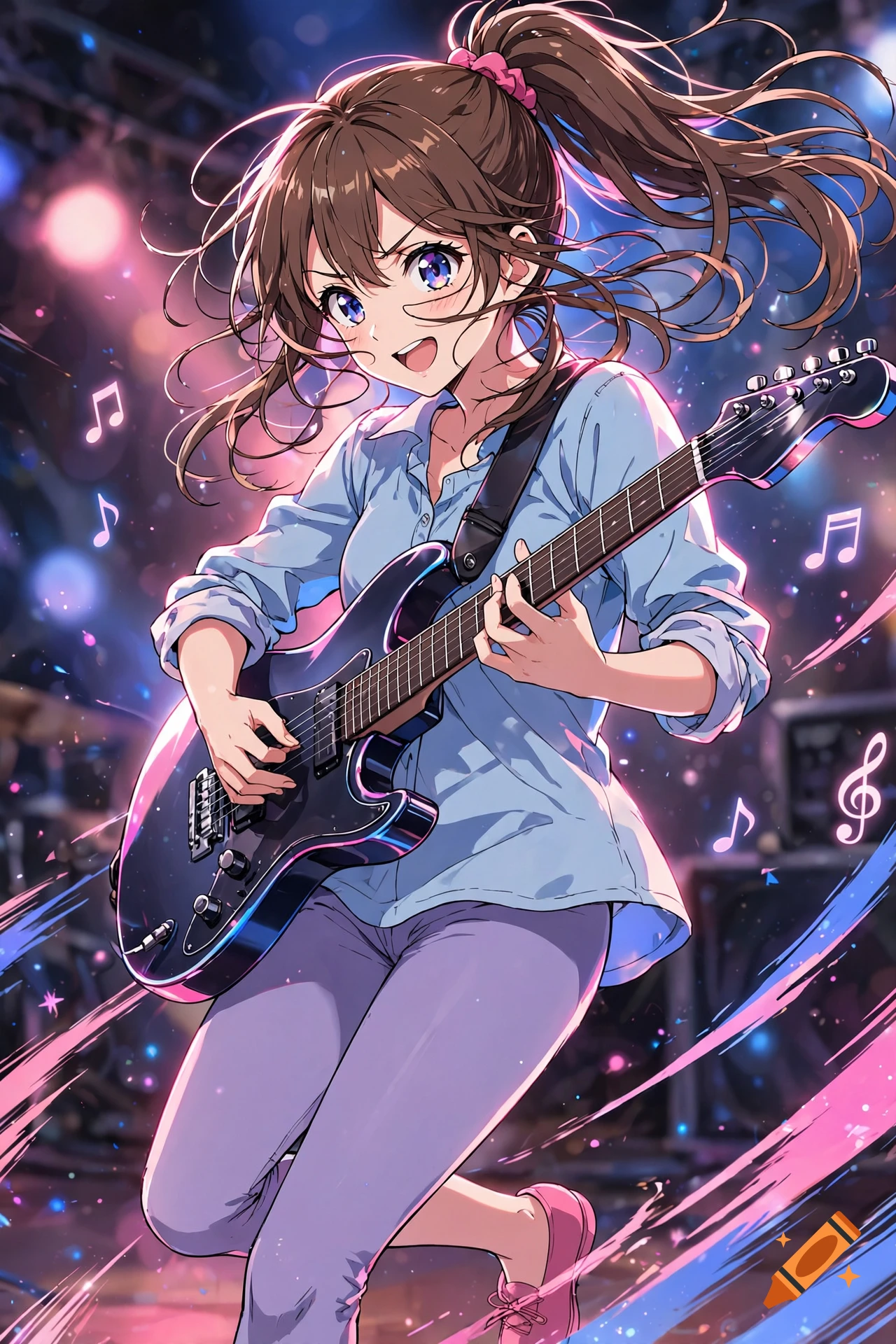 Anime style illustration of a young woman playing an electric guitar on a stage with musical notes floating around.